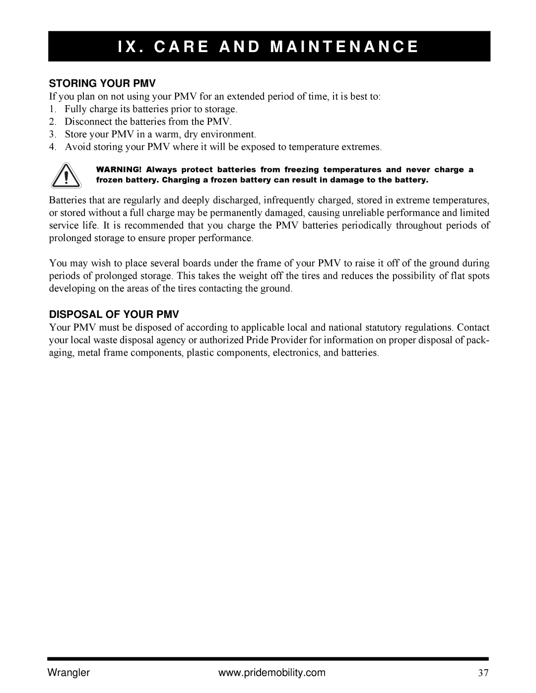 Pride Mobility I NFMANU1138 manual Storing Your PMV, Disposal of Your PMV 