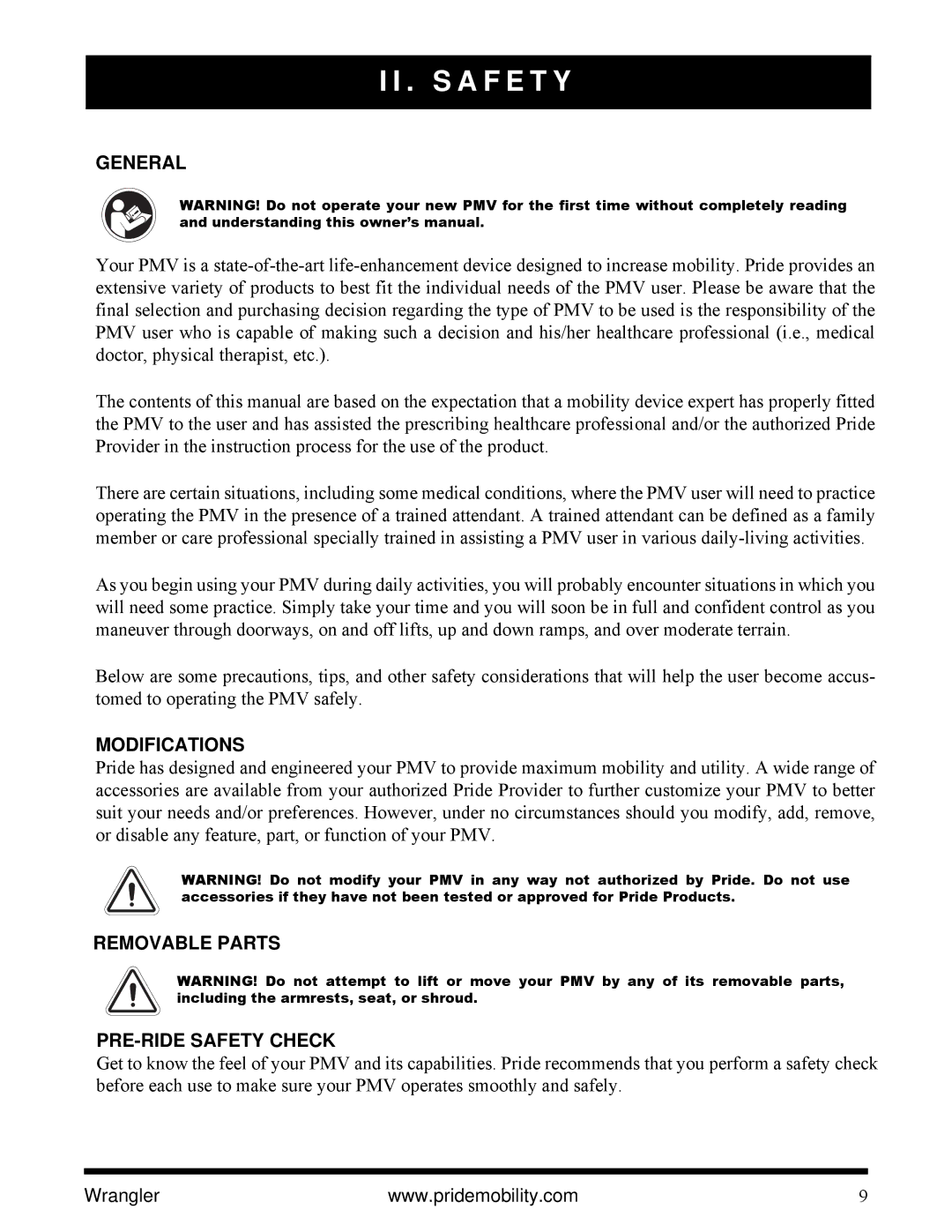 Pride Mobility I NFMANU1138 manual General, Modifications, Removable Parts PRE-RIDE Safety Check 