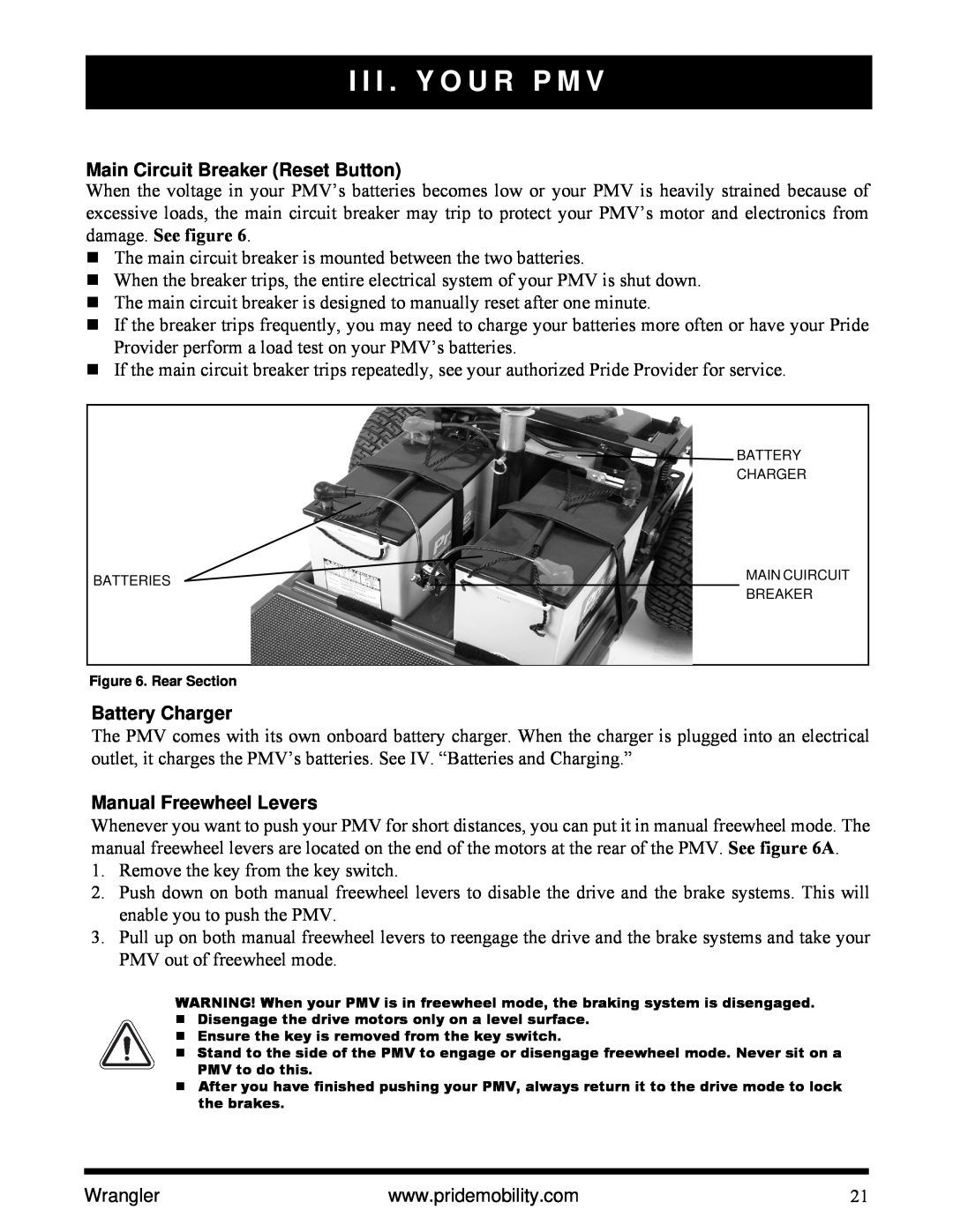 Pride Mobility I NFMANU1138 manual Main Circuit Breaker Reset Button, Battery Charger, Manual Freewheel Levers, Wrangler 