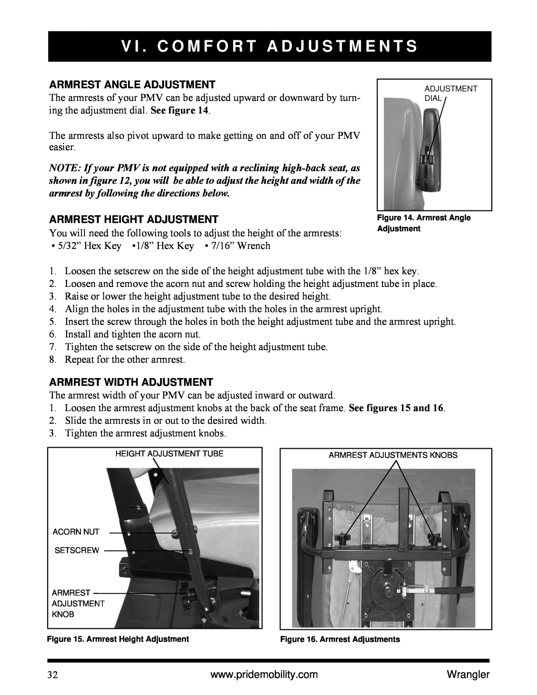 Pride Mobility I NFMANU1138 manual Armrest Angle Adjustment, Armrest Height Adjustment, Armrest Width Adjustment 
