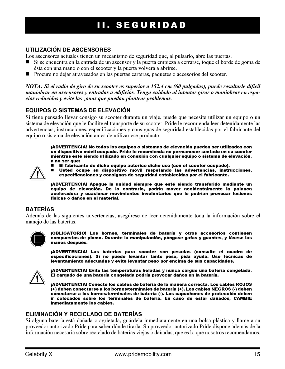 Pride Mobility I NFMANU3363 manual Utilización DE Ascensores, Eliminación Y Reciclado DE Baterías 