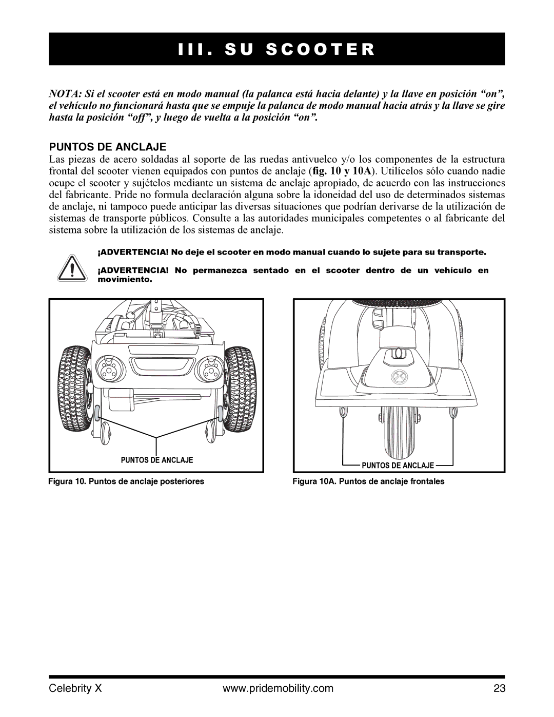 Pride Mobility I NFMANU3363 manual Puntos DE Anclaje, Figura 10. Puntos de anclaje posteriores 