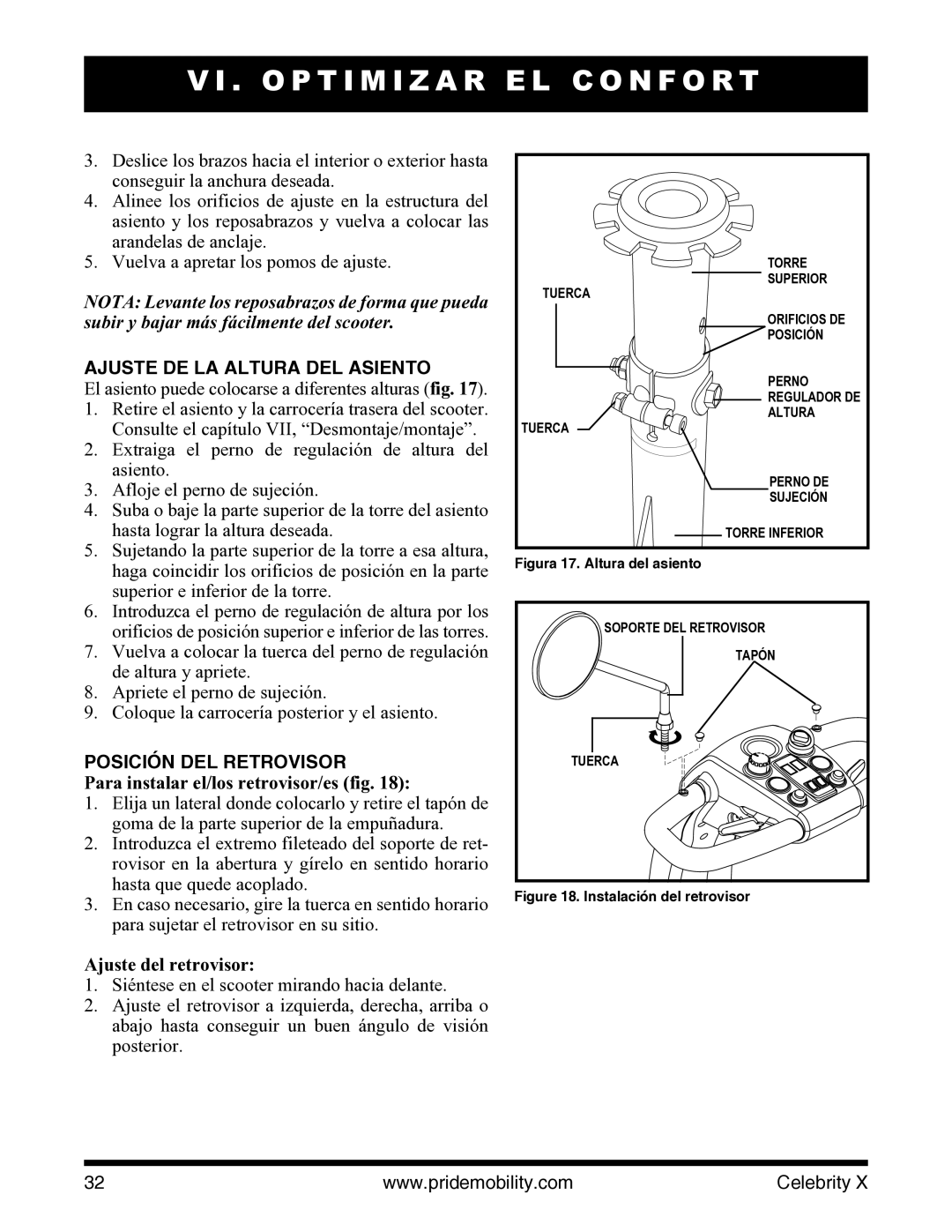 Pride Mobility I NFMANU3363 manual Ajuste DE LA Altura DEL Asiento, Posición DEL Retrovisor, Ajuste del retrovisor 