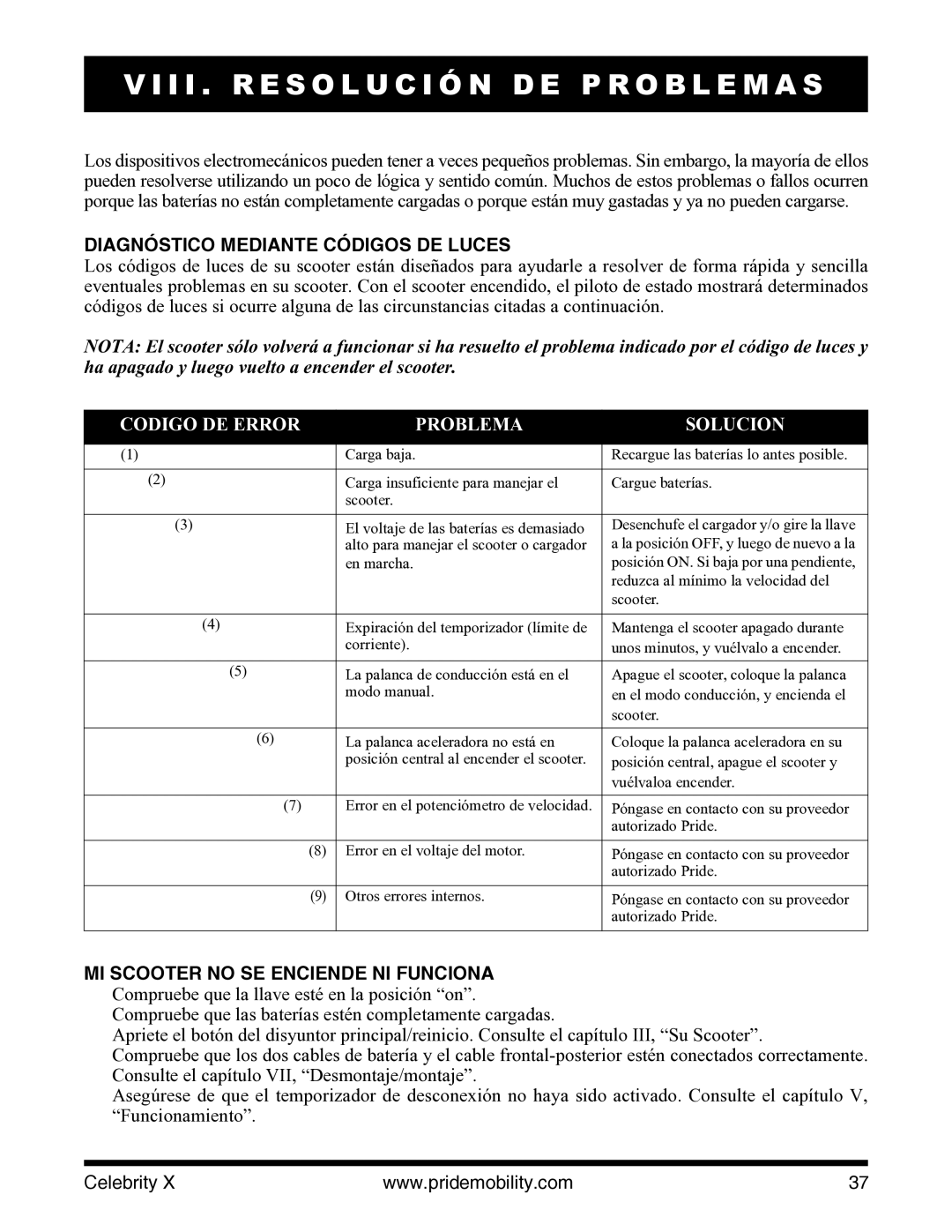 Pride Mobility I NFMANU3363 manual I I . R E S O L U C I Ó N D E P R O B L E M a S, Diagnóstico Mediante Códigos DE Luces 