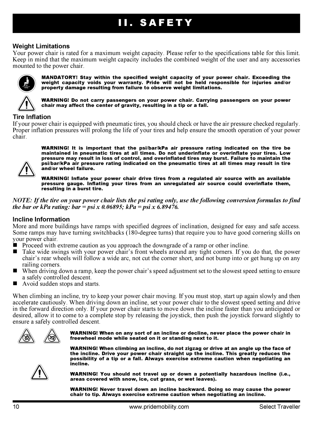 Pride Mobility I NFMANU339 manual Weight Limitations, Tire Inflation, Incline Information 