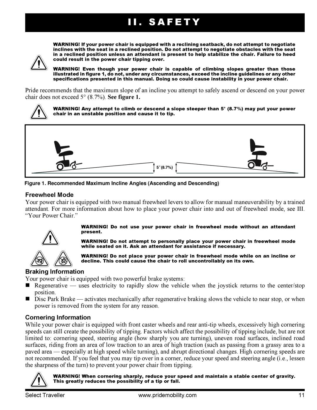 Pride Mobility I NFMANU339 manual Freewheel Mode, Braking Information, Cornering Information 