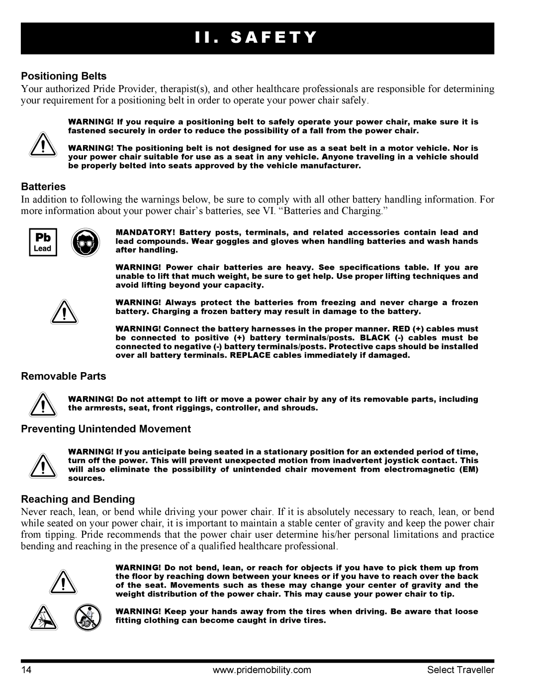 Pride Mobility I NFMANU339 manual Positioning Belts, Batteries 