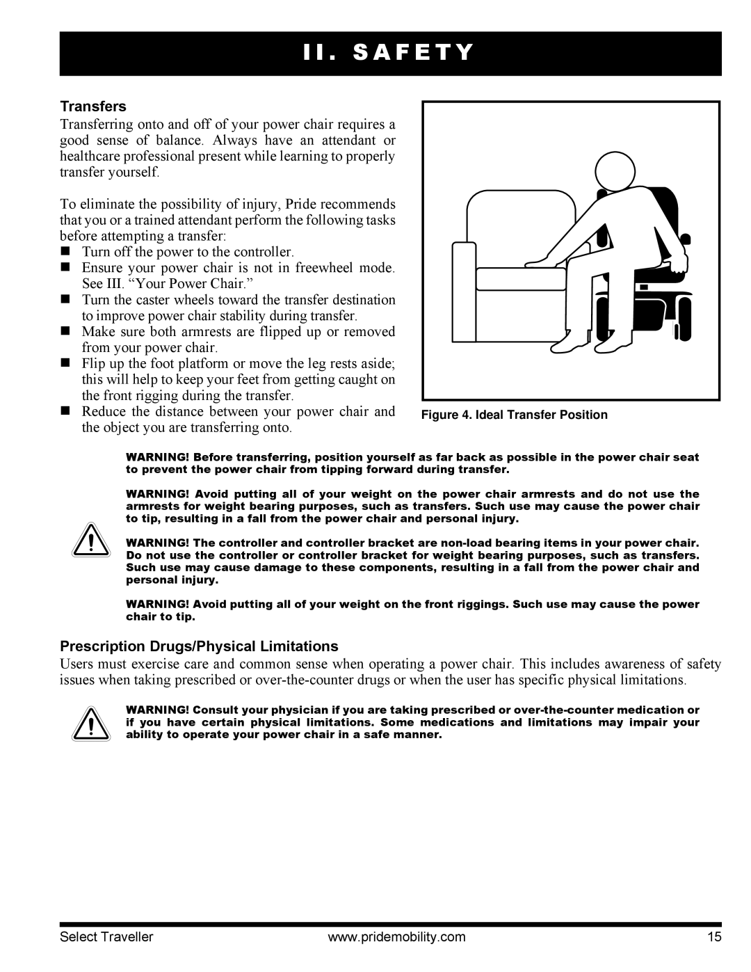 Pride Mobility I NFMANU339 manual Transfers, Prescription Drugs/Physical Limitations 