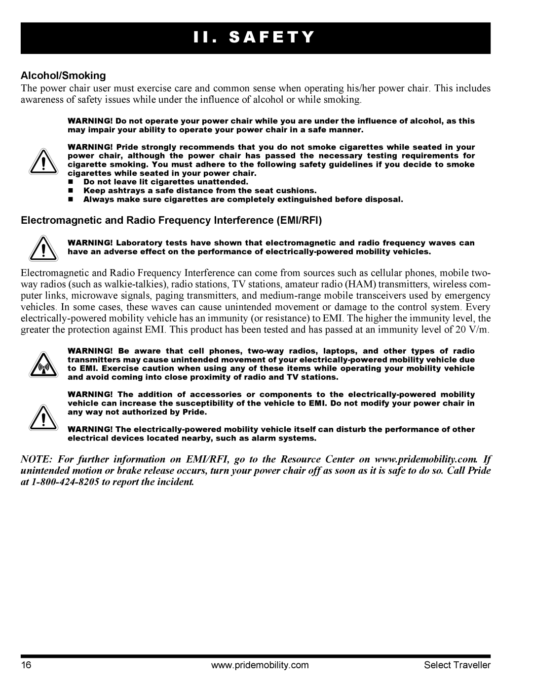 Pride Mobility I NFMANU339 manual Alcohol/Smoking, Electromagnetic and Radio Frequency Interference EMI/RFI 