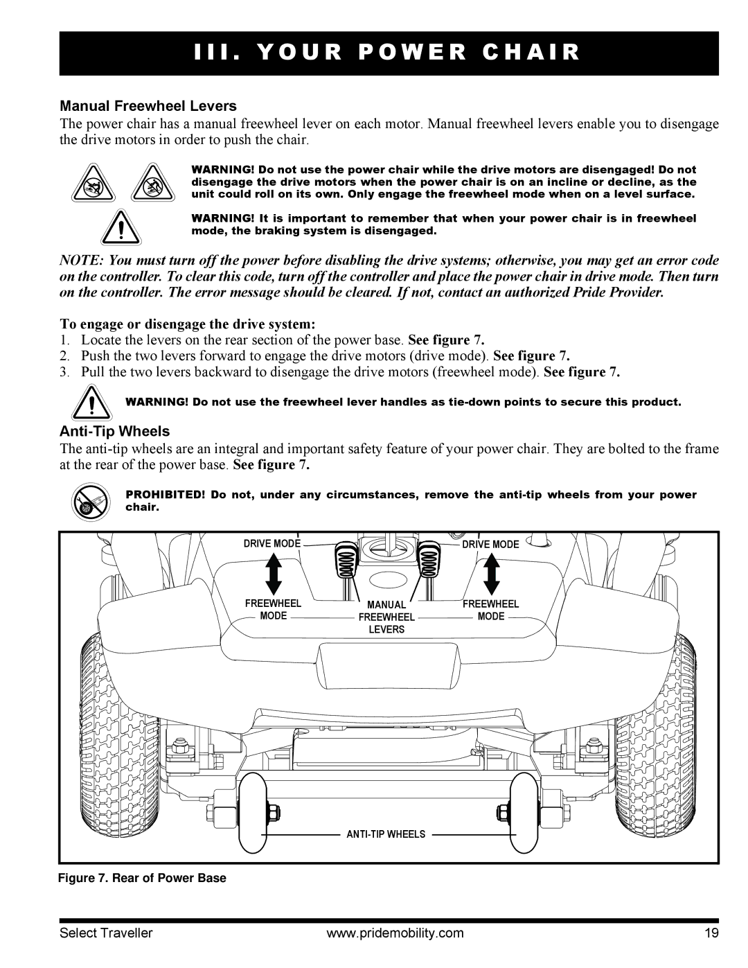 Pride Mobility I NFMANU339 manual Manual Freewheel Levers, To engage or disengage the drive system, Anti-Tip Wheels 