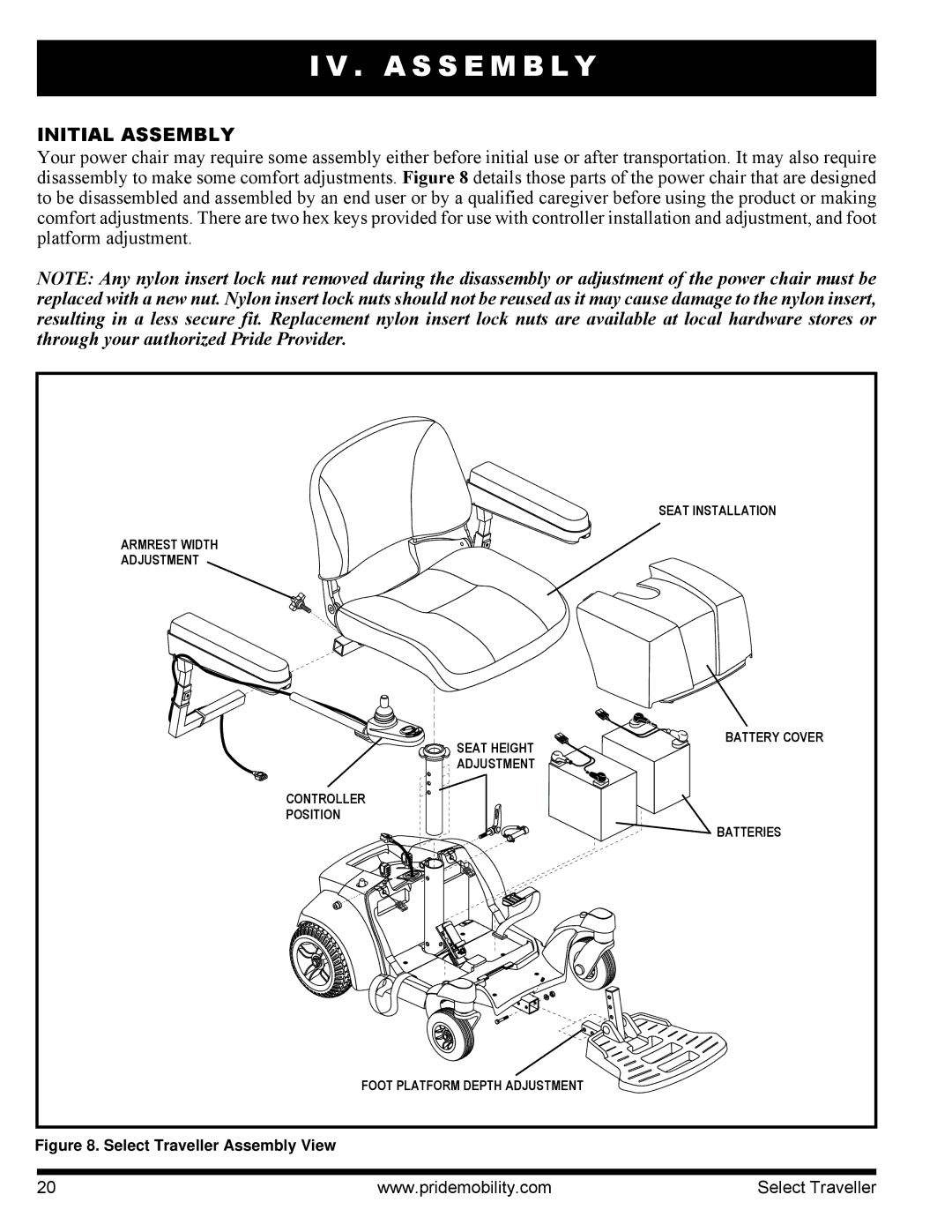 Pride Mobility I NFMANU339 manual A S S E M B L Y, Initial Assembly 