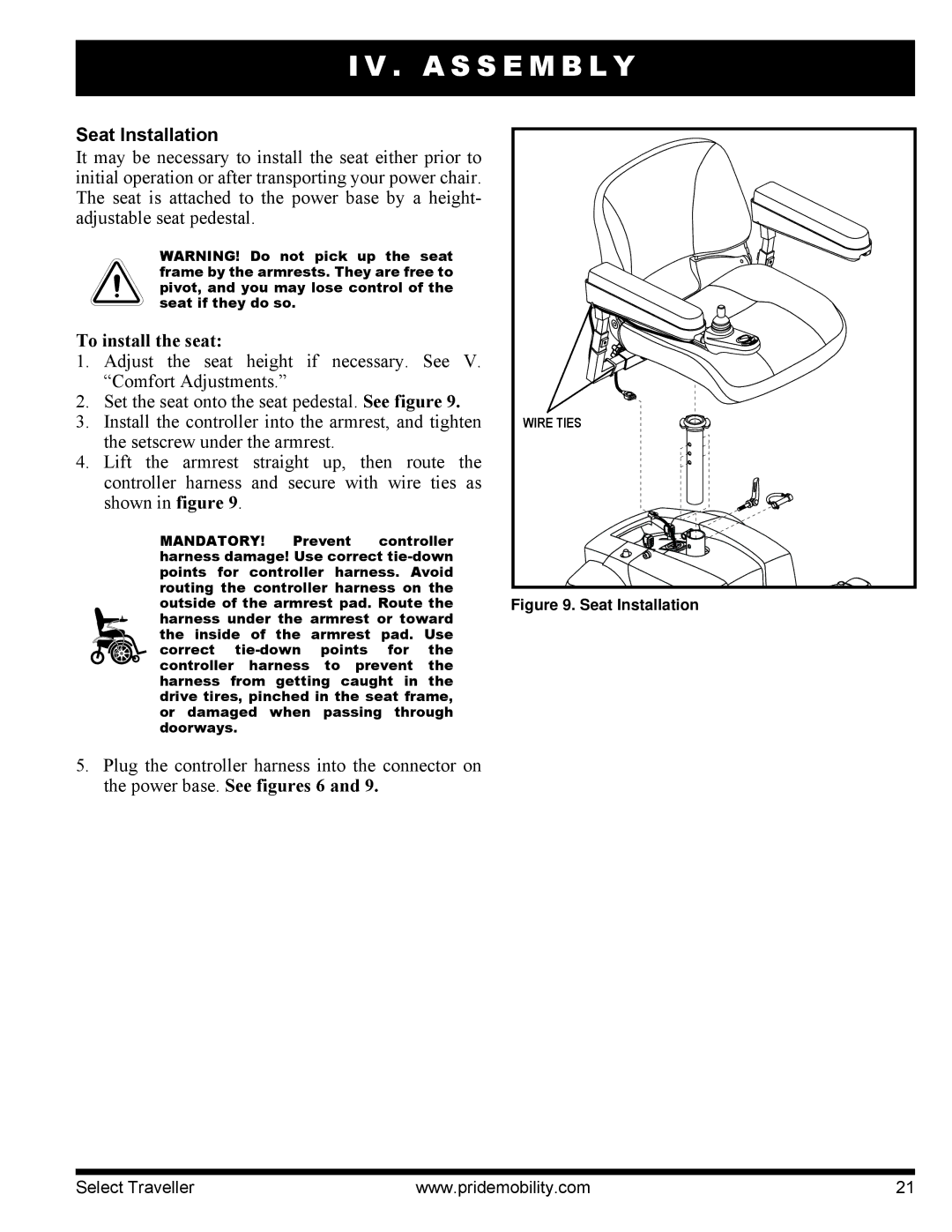 Pride Mobility I NFMANU339 manual Seat Installation, Mandatory 