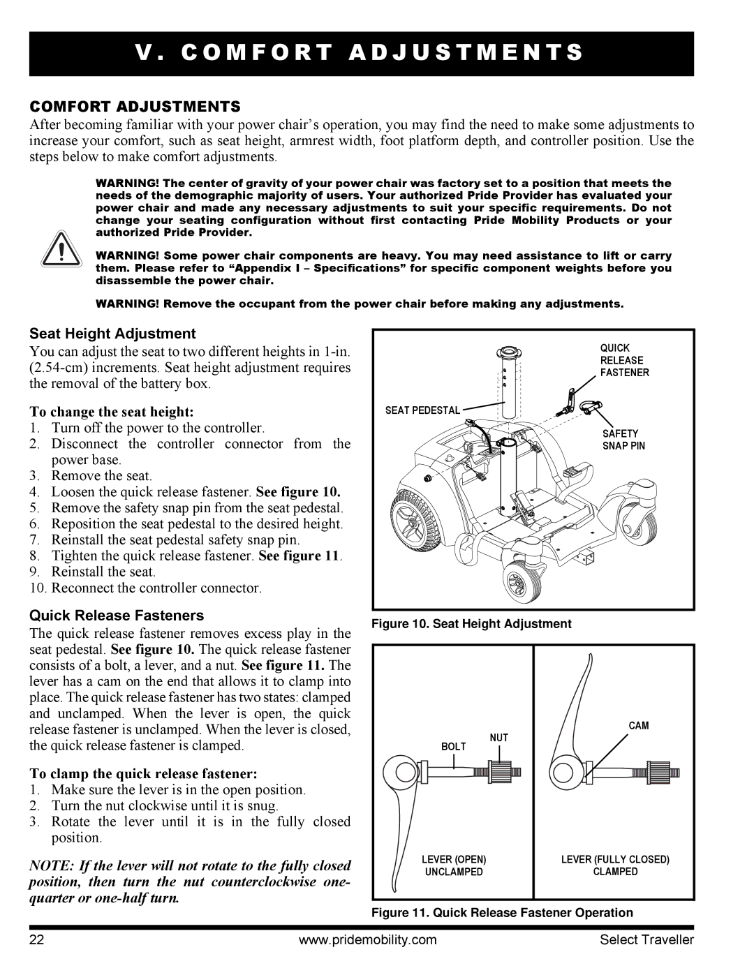 Pride Mobility I NFMANU339 manual O M F O R T a D J U S T M E N T S, Comfort Adjustments, Seat Height Adjustment 