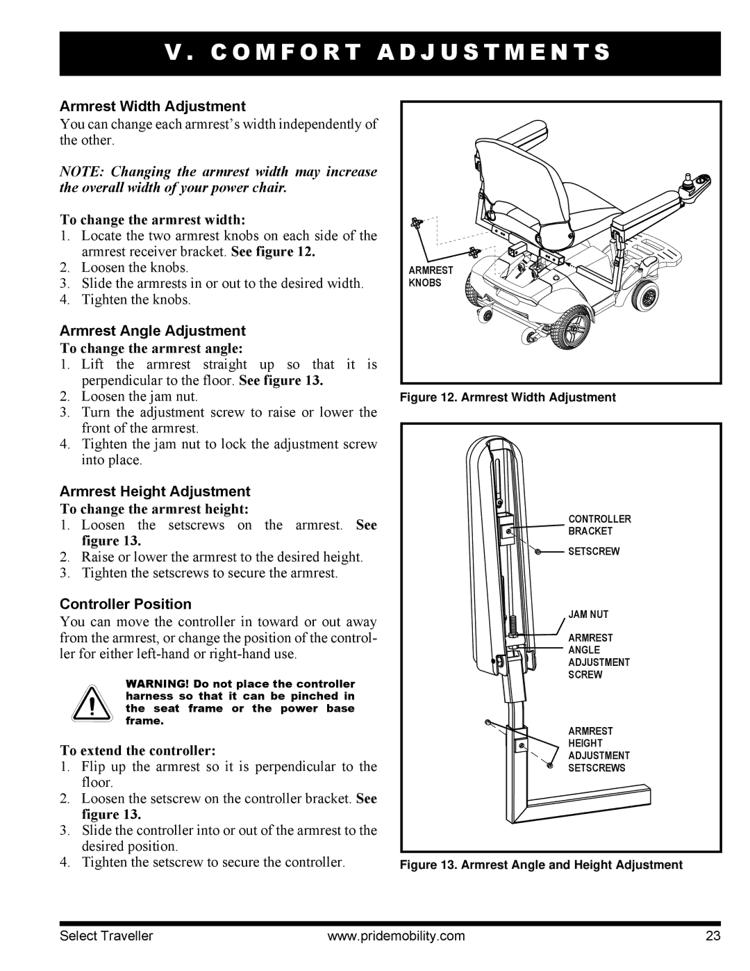 Pride Mobility I NFMANU339 manual Armrest Width Adjustment, Armrest Angle Adjustment, Armrest Height Adjustment 