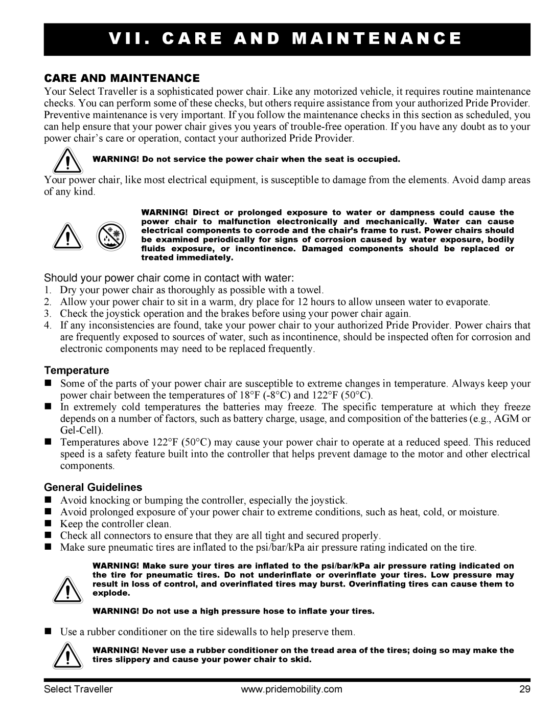 Pride Mobility I NFMANU339 I . C a R E a N D M a I N T E N a N C E, Care and Maintenance, Temperature, General Guidelines 