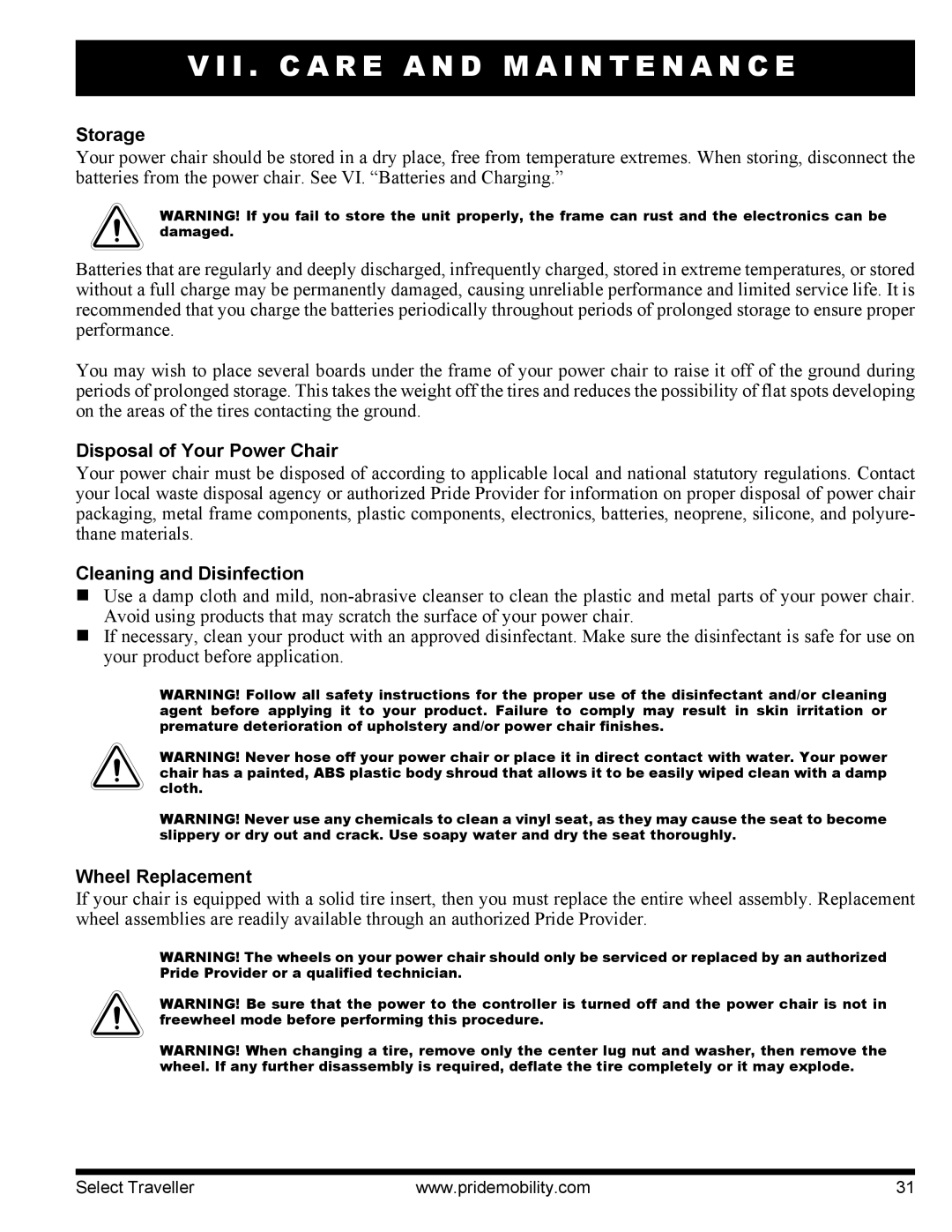 Pride Mobility I NFMANU339 manual Storage, Disposal of Your Power Chair, Cleaning and Disinfection, Wheel Replacement 