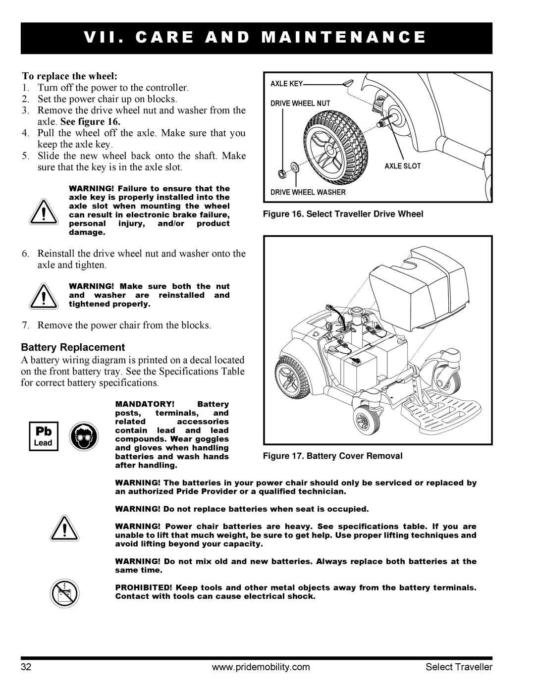 Pride Mobility I NFMANU339 manual To replace the wheel, Battery Replacement 