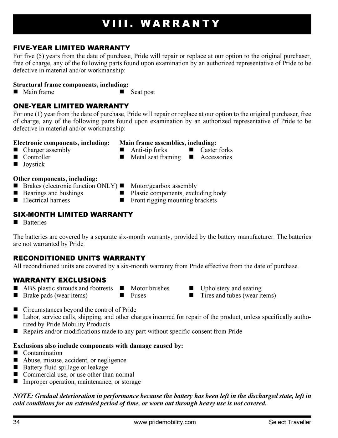 Pride Mobility I NFMANU339 manual I I . W a R R a N T Y 