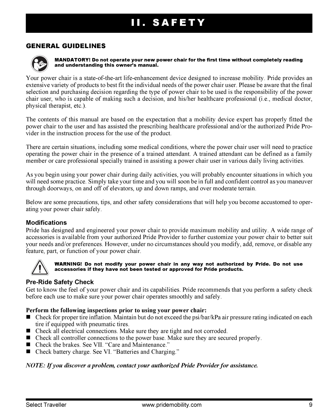 Pride Mobility I NFMANU339 manual General Guidelines, Modifications, Pre-Ride Safety Check 