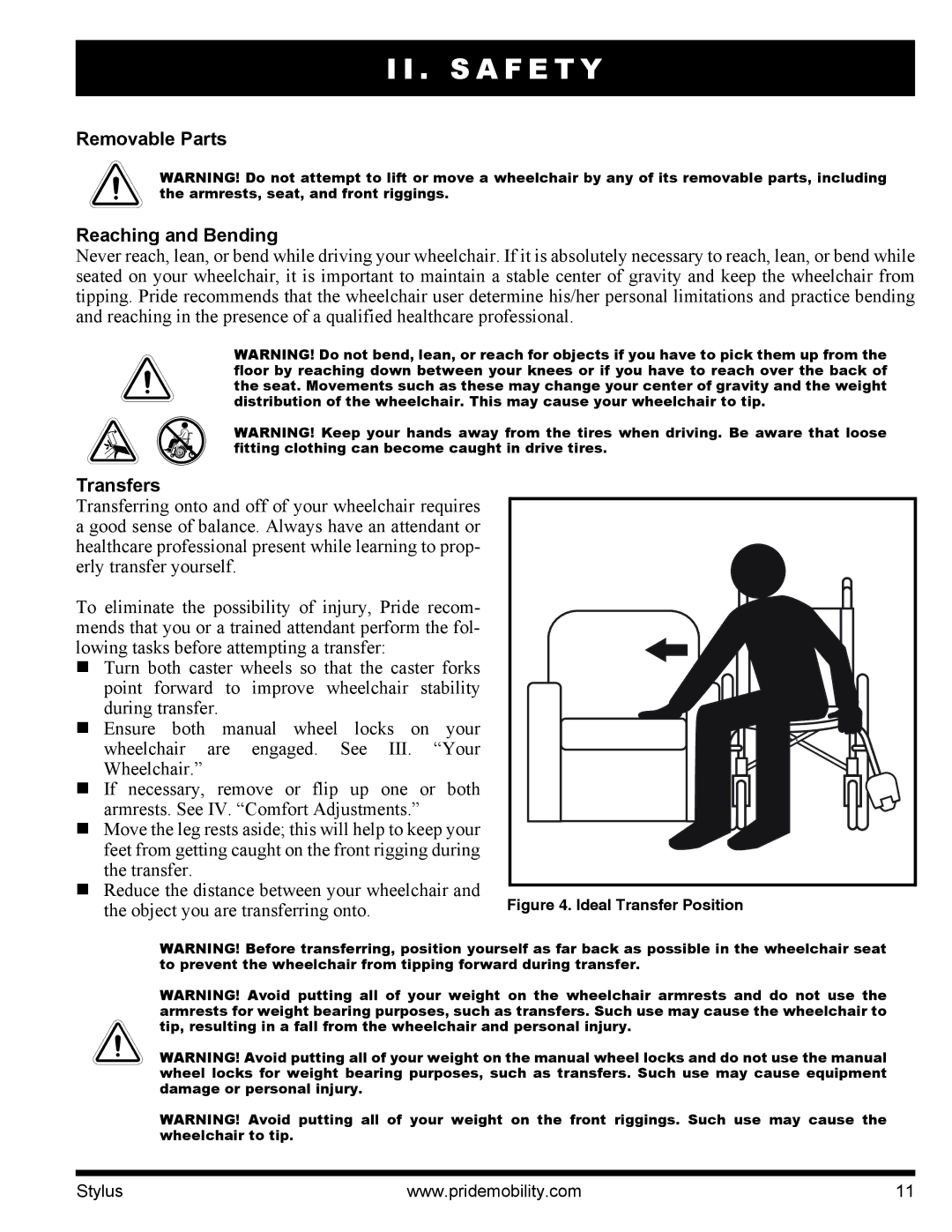 Pride Mobility IFMANU2121 manual Removable Parts Reaching and Bending, Transfers, Object you are transferring onto 