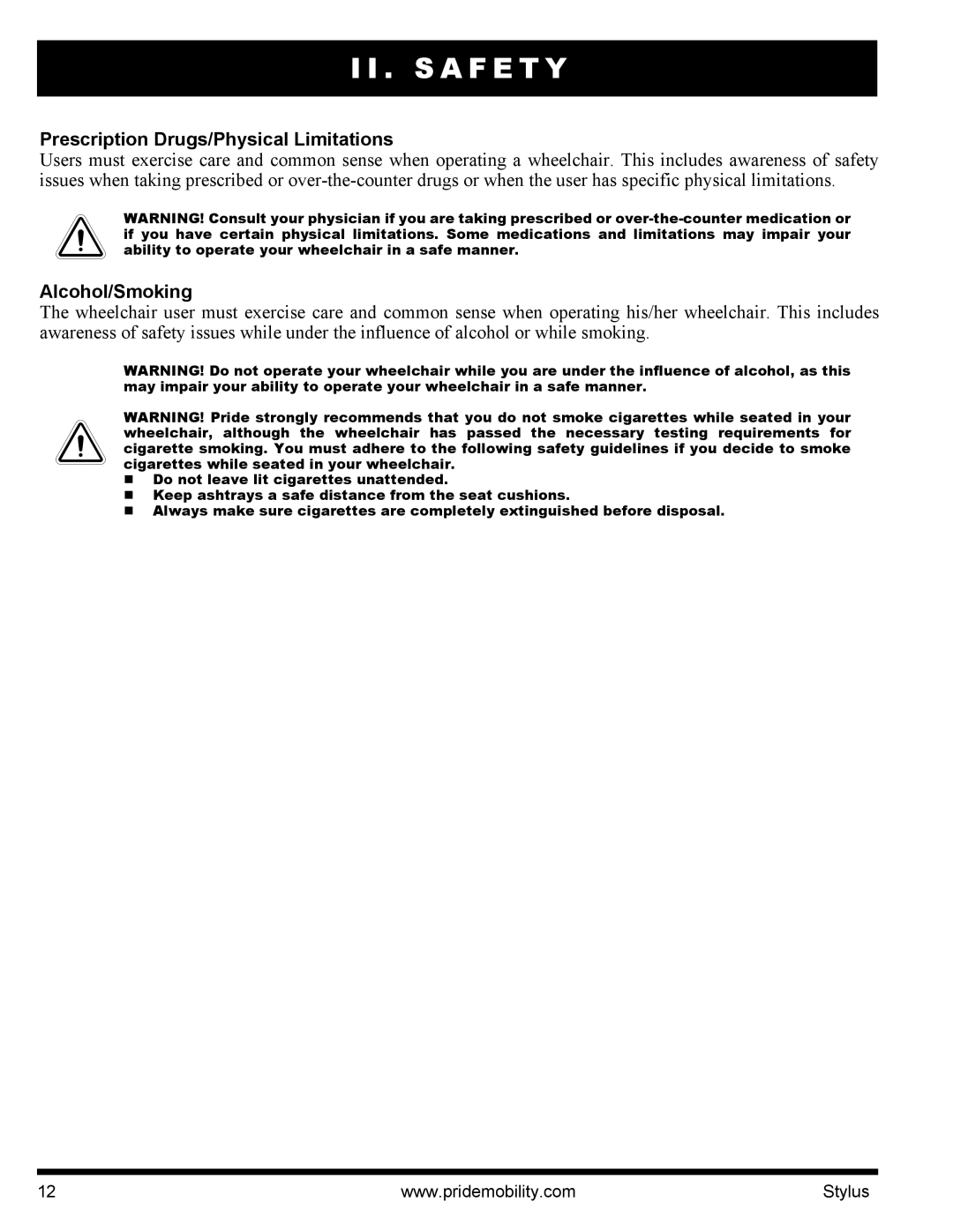 Pride Mobility IFMANU2121 manual Prescription Drugs/Physical Limitations, Alcohol/Smoking 