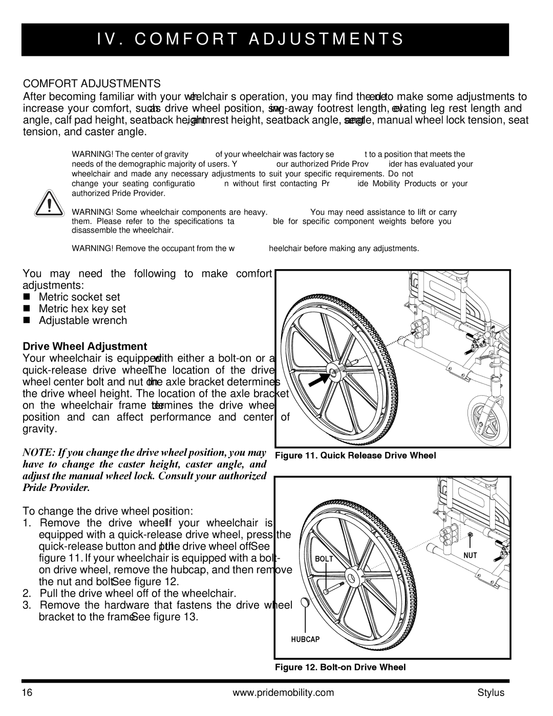 Pride Mobility IFMANU2121 manual C O M F O R T a D J U S T M E N T S, Comfort Adjustments, Drive Wheel Adjustment 