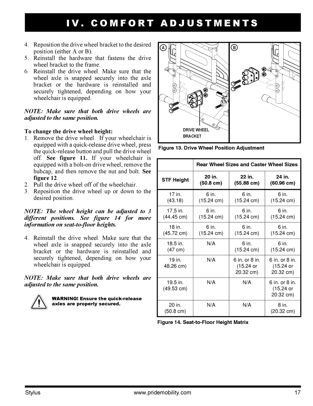 Pride Mobility IFMANU2121 manual C O M F O R T, To change the drive wheel height 