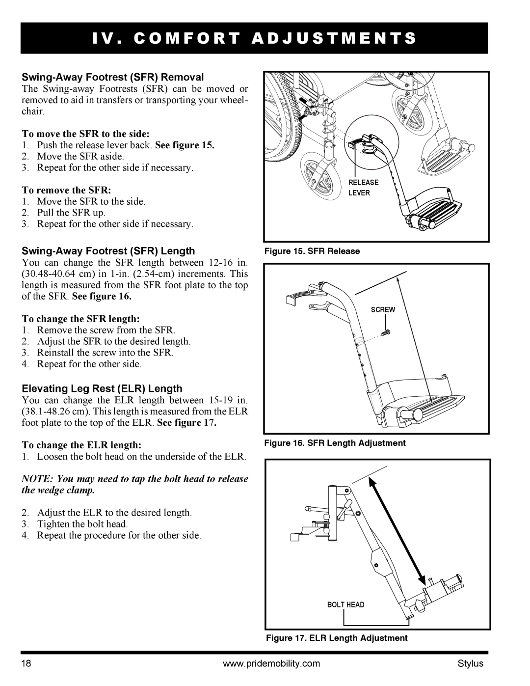 Pride Mobility IFMANU2121 manual Swing-Away Footrest SFR Length, Elevating Leg Rest ELR Length 