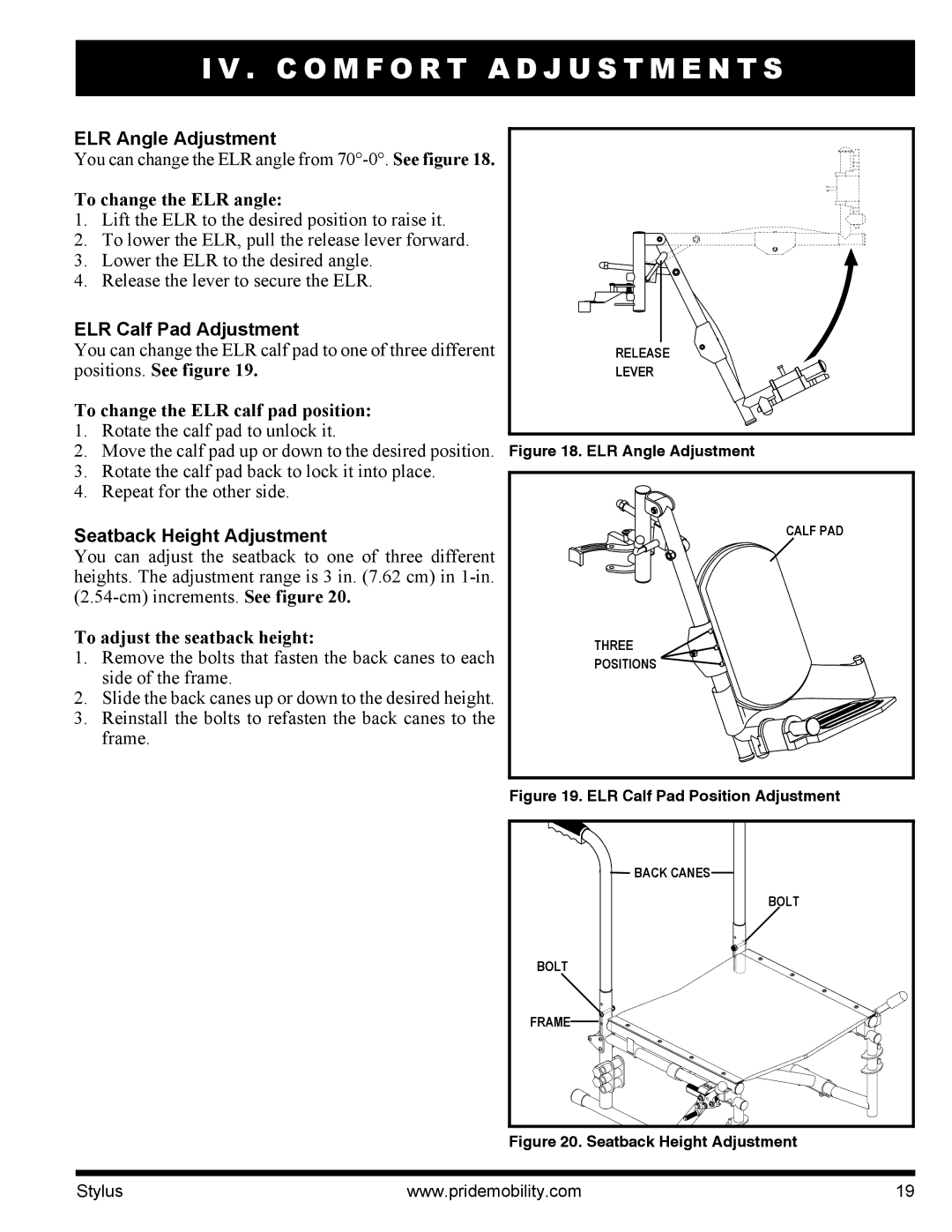 Pride Mobility IFMANU2121 manual ELR Angle Adjustment, ELR Calf Pad Adjustment, Seatback Height Adjustment 