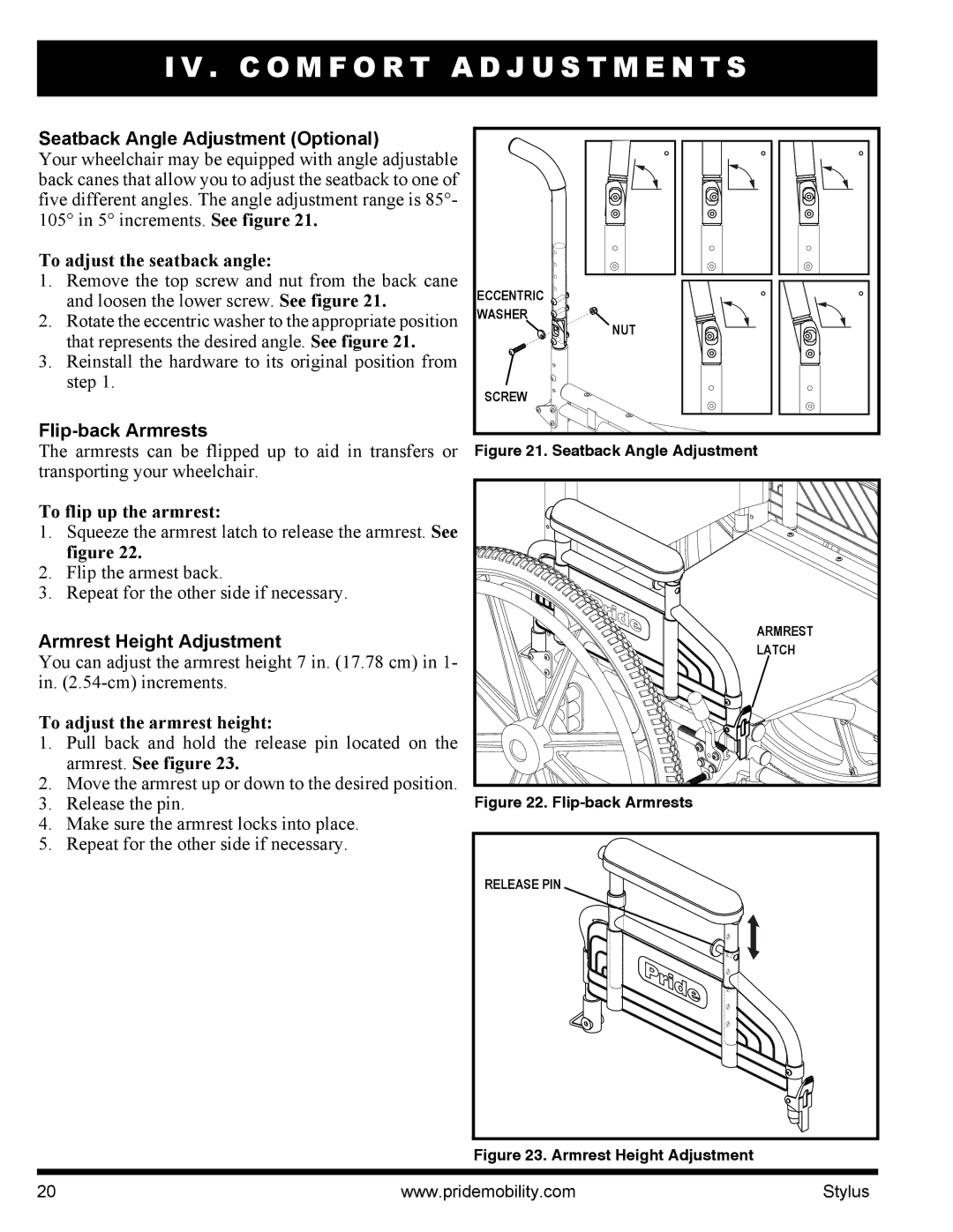 Pride Mobility IFMANU2121 manual Seatback Angle Adjustment Optional, Flip-back Armrests, Armrest Height Adjustment 