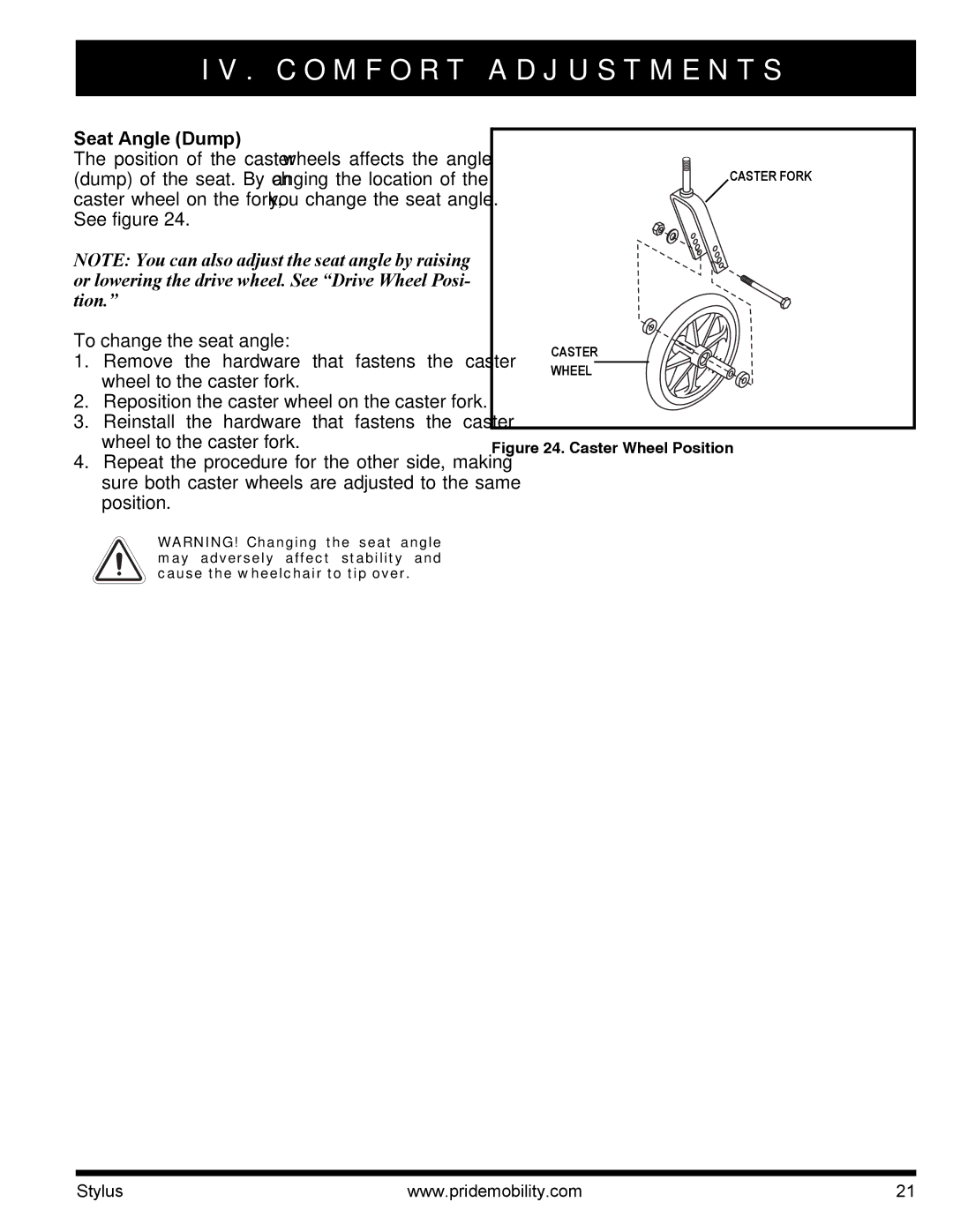 Pride Mobility IFMANU2121 manual Seat Angle Dump, See figure To change the seat angle 