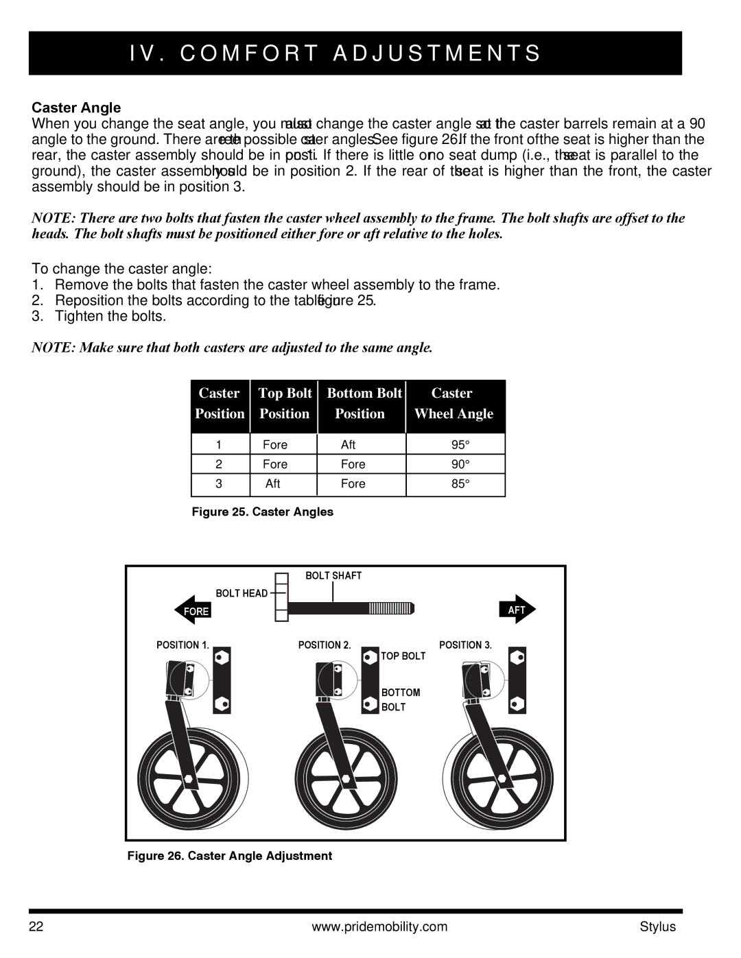 Pride Mobility IFMANU2121 manual Caster Angle, To change the caster angle 