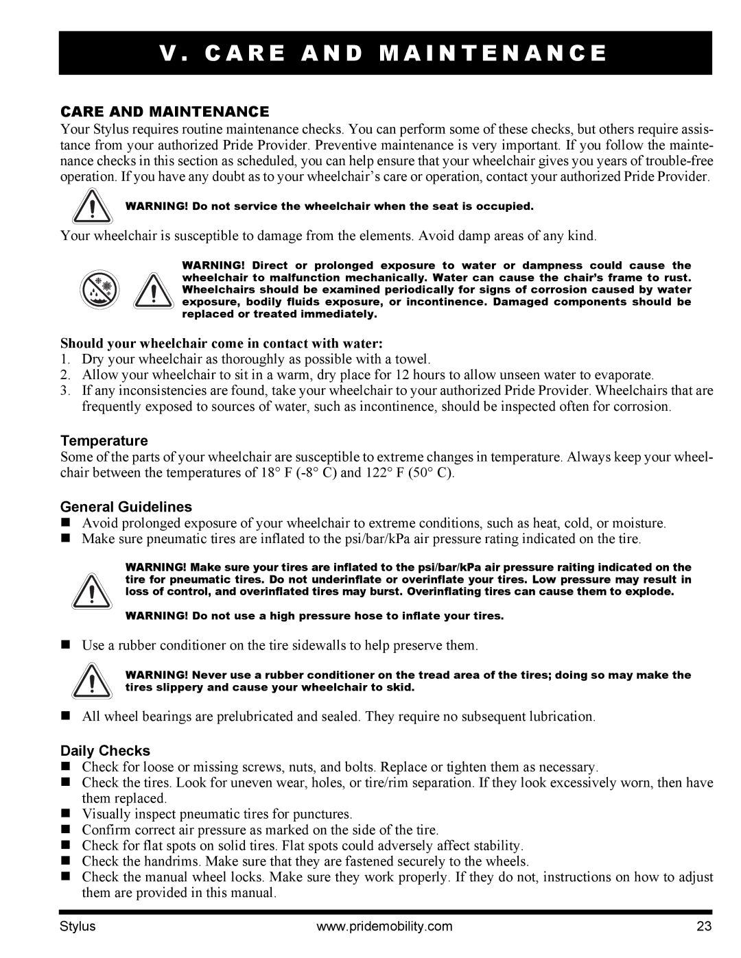 Pride Mobility IFMANU2121 manual A R E a N D M a I N T E N a N C E, Care and Maintenance, Temperature, General Guidelines 