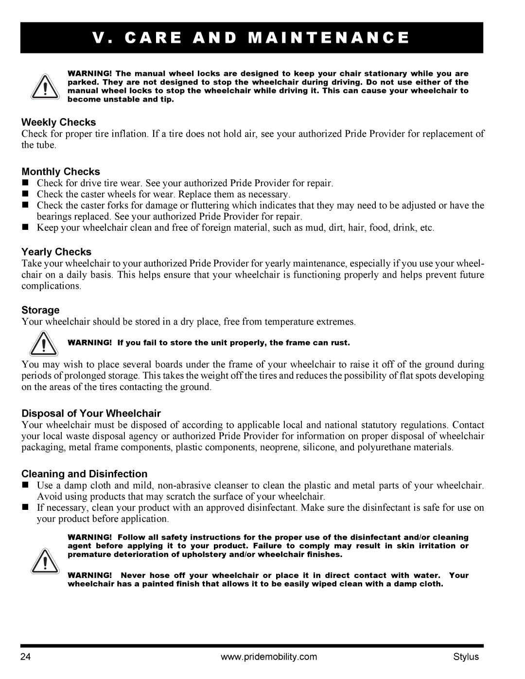 Pride Mobility IFMANU2121 manual Weekly Checks, Monthly Checks, Yearly Checks, Storage, Disposal of Your Wheelchair 