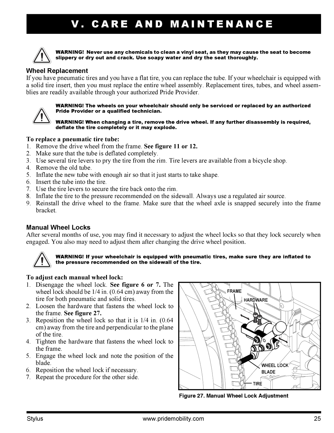 Pride Mobility IFMANU2121 Wheel Replacement, To replace a pneumatic tire tube, To adjust each manual wheel lock 