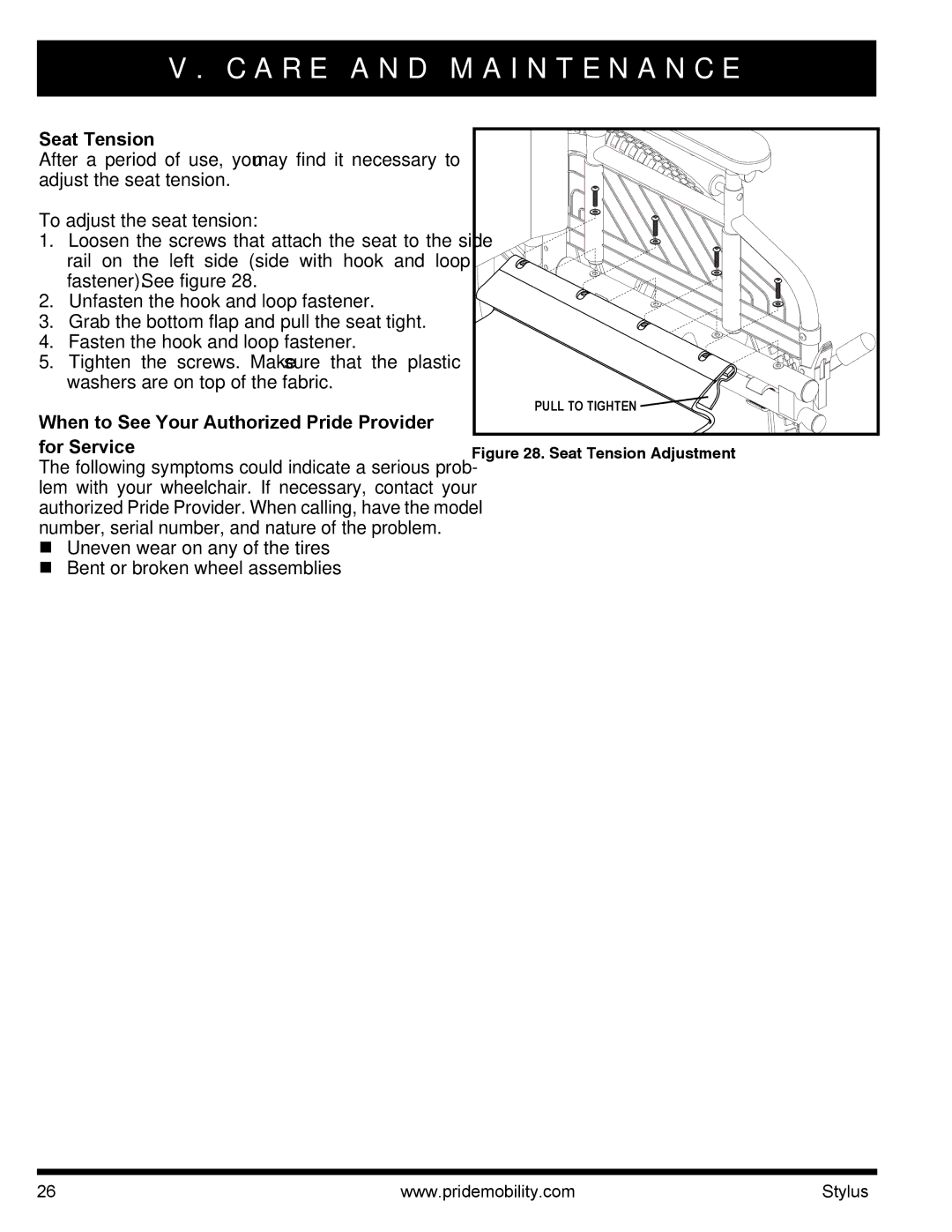 Pride Mobility IFMANU2121 Seat Tension, To adjust the seat tension, When to See Your Authorized Pride Provider for Service 