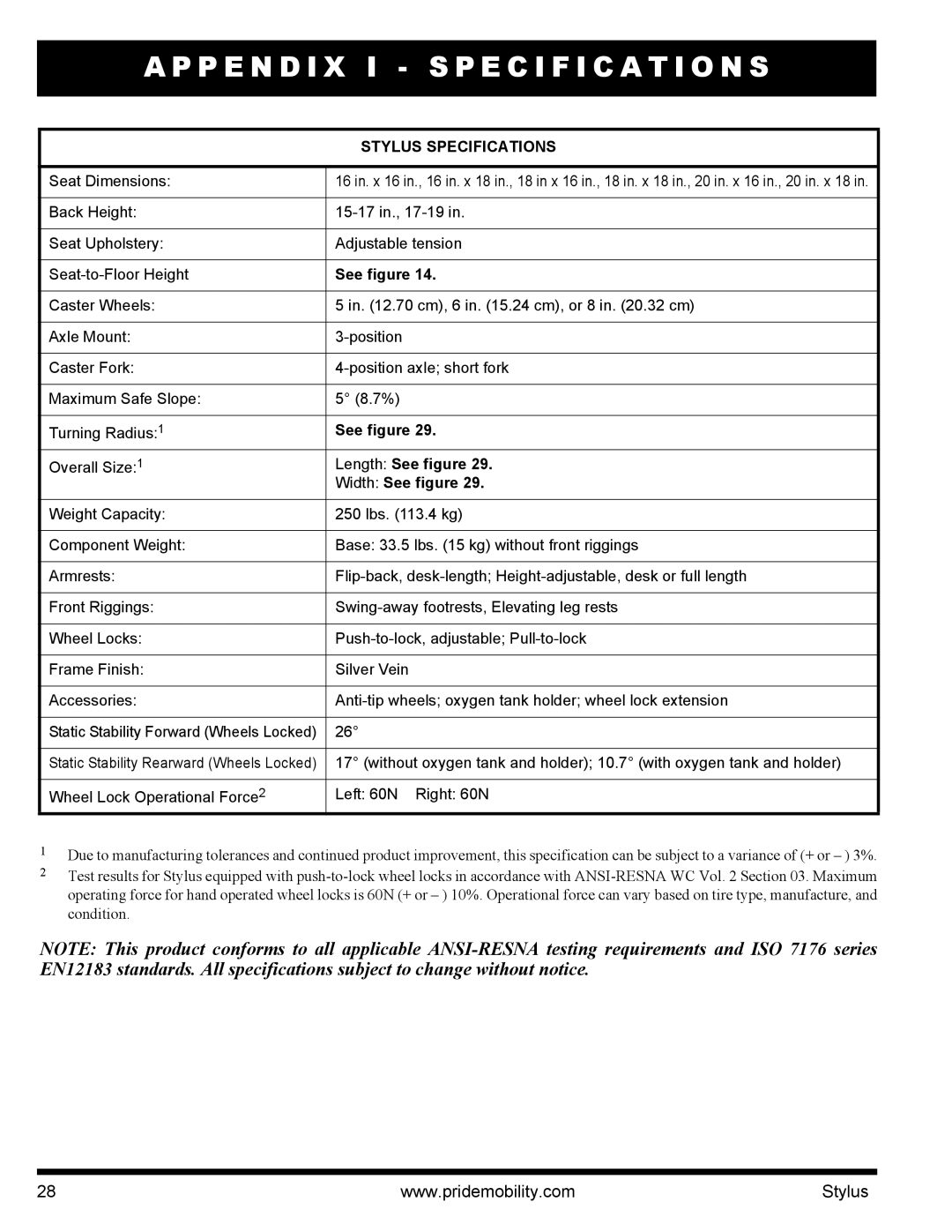 Pride Mobility IFMANU2121 manual P E N D I X I Specification S, Stylus Specifications 