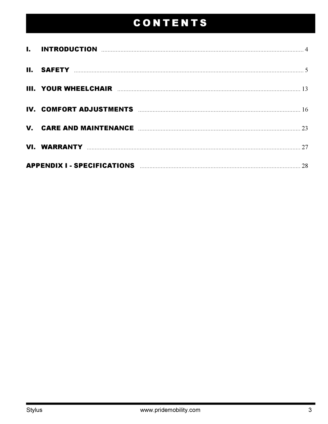 Pride Mobility IFMANU2121 manual N T E N T S, Iii 