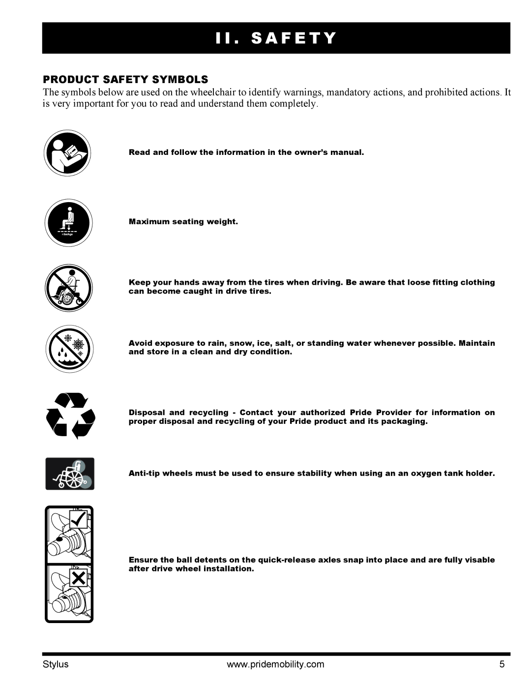 Pride Mobility IFMANU2121 manual S a F E T Y, Product Safety Symbols 