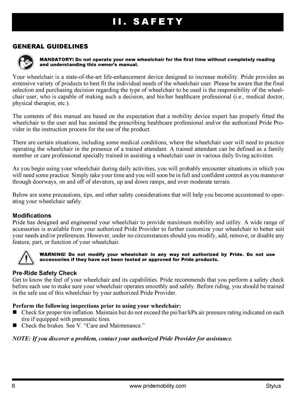 Pride Mobility IFMANU2121 manual General Guidelines, Modifications, Pre-Ride Safety Check 