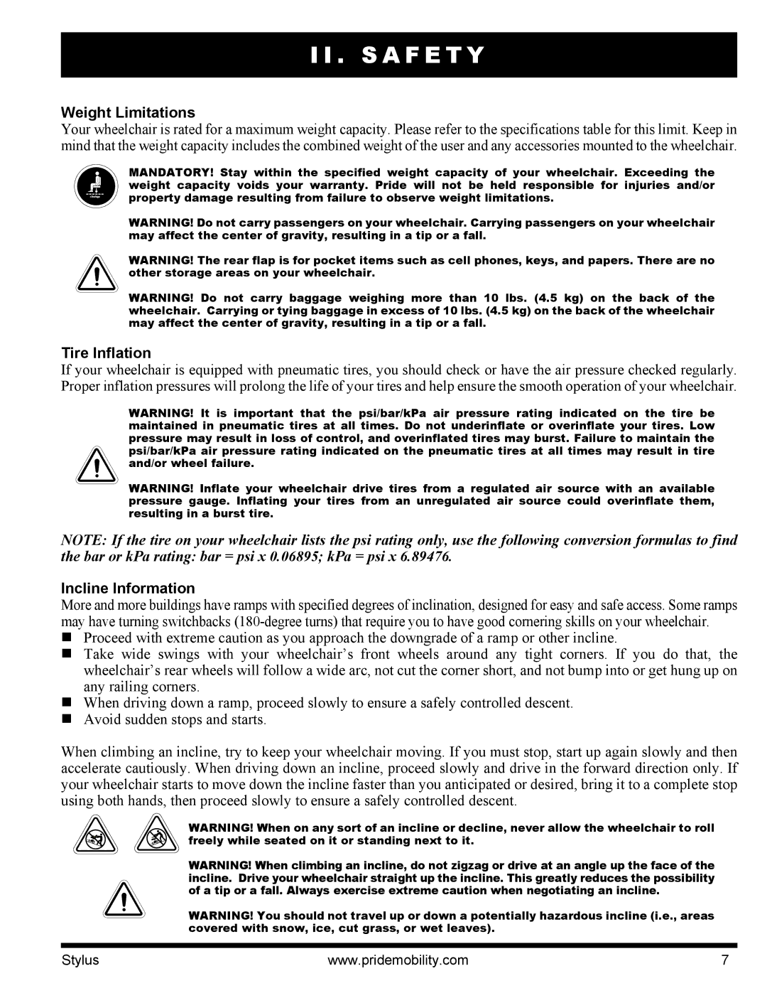 Pride Mobility IFMANU2121 manual Weight Limitations, Tire Inflation, Incline Information 