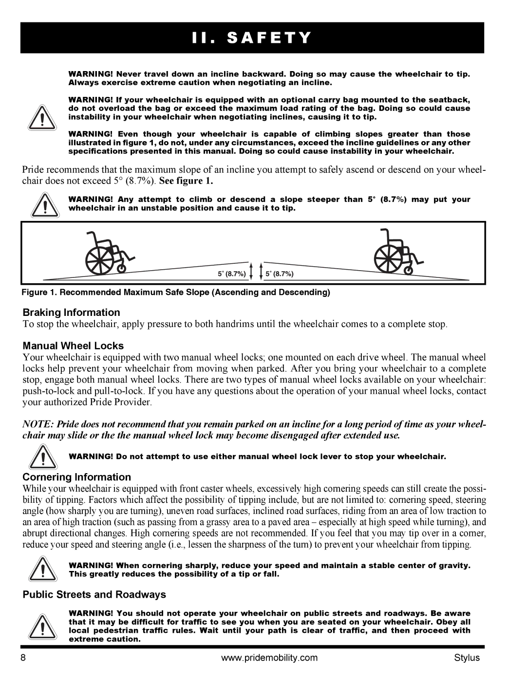 Pride Mobility IFMANU2121 Braking Information, Manual Wheel Locks, Cornering Information, Public Streets and Roadways 