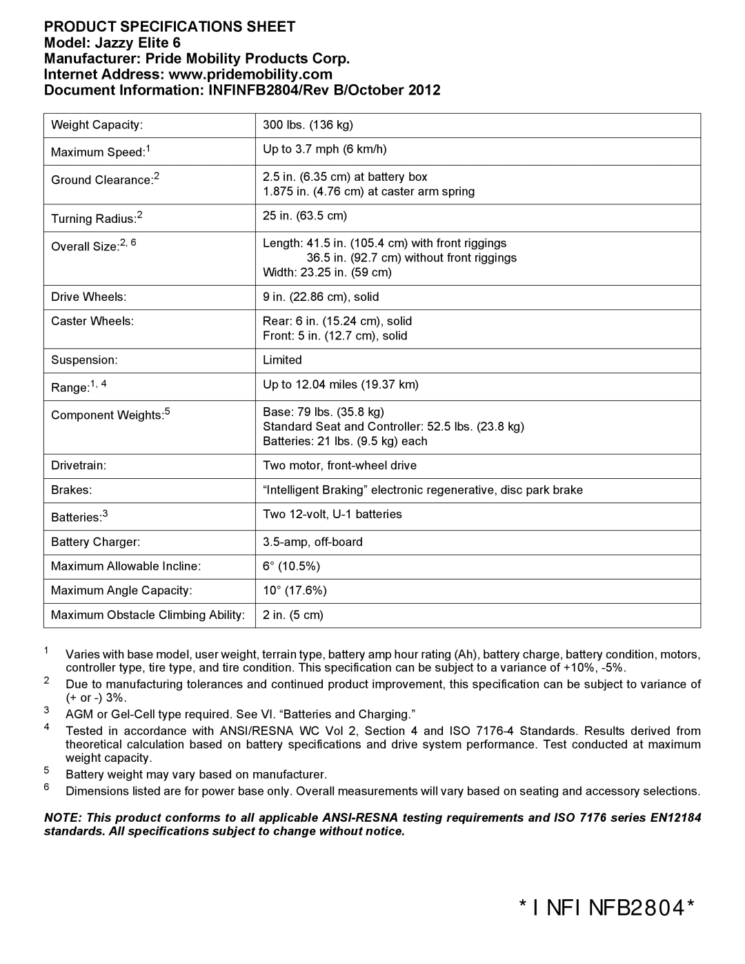 Pride Mobility INFINFB2804 specifications Product Specifications Sheet 