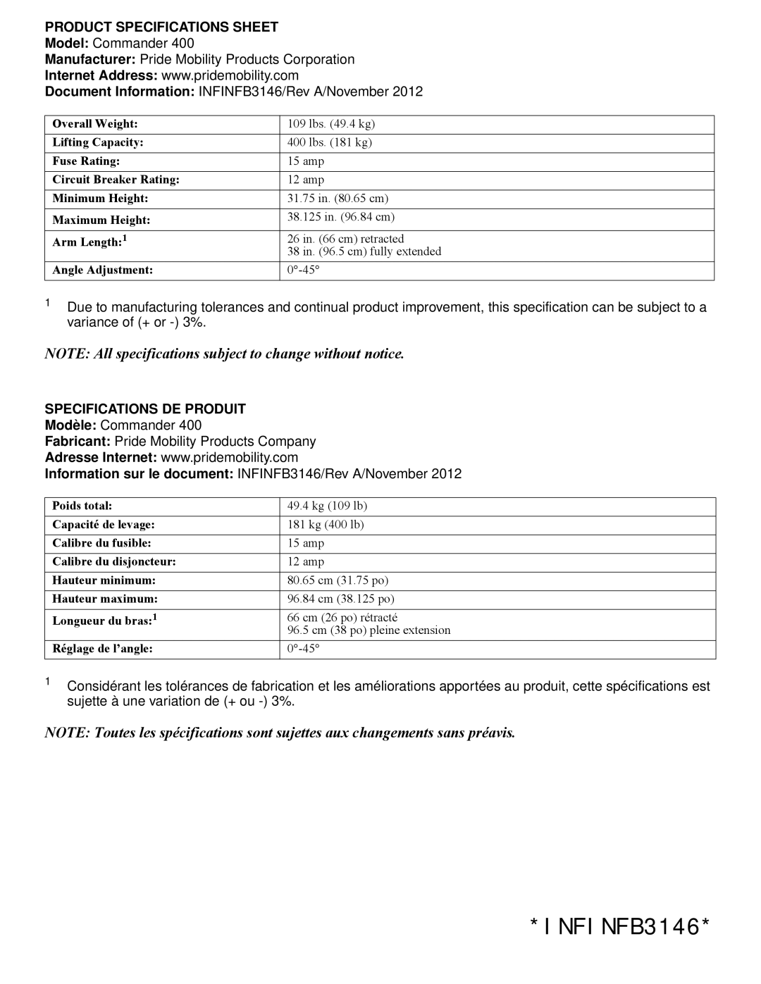 Pride Mobility commander 400, INFINFB3146 specifications Product Specifications Sheet, Specifications DE Produit 