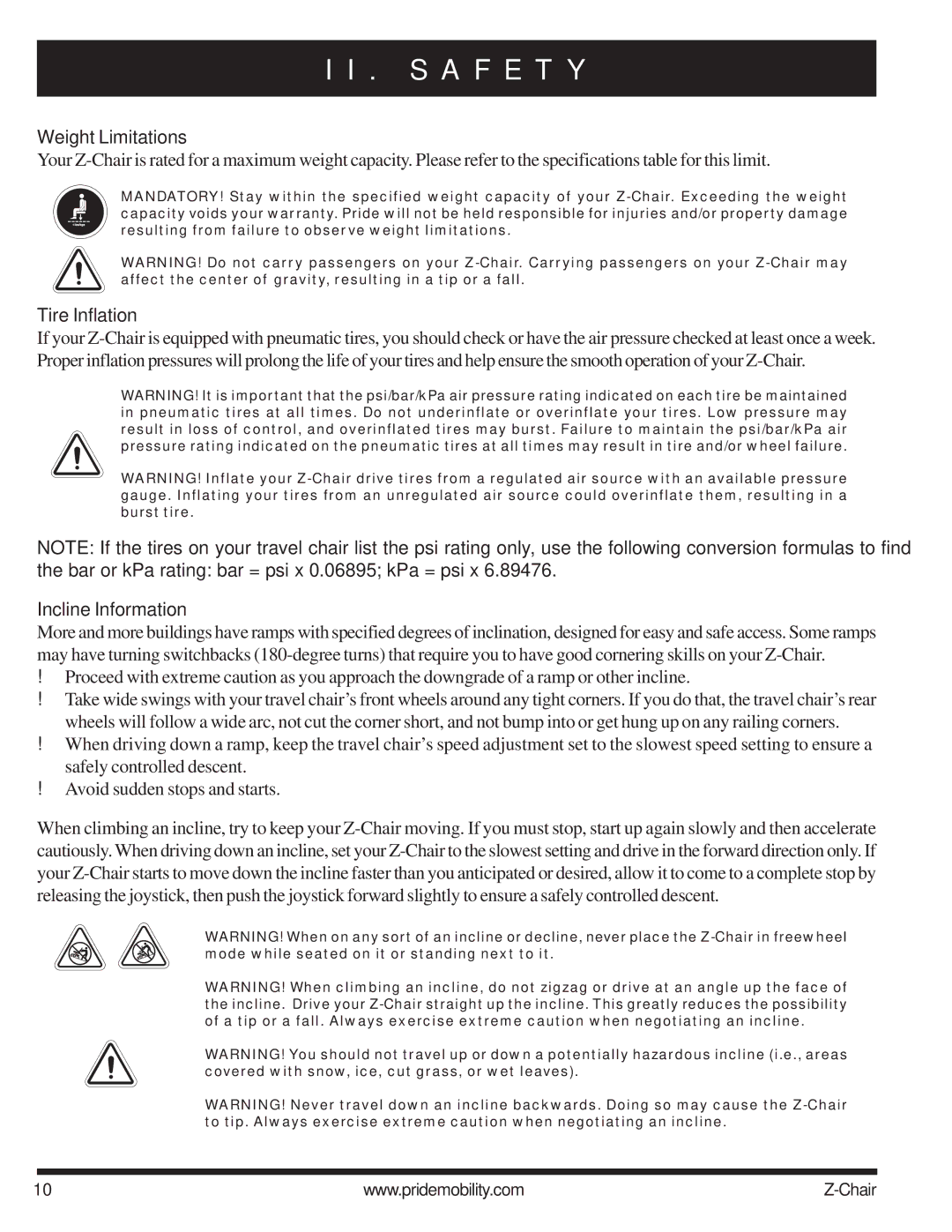 Pride Mobility INFMAN63121 manual Weight Limitations, Tire Inflation, Incline Information 