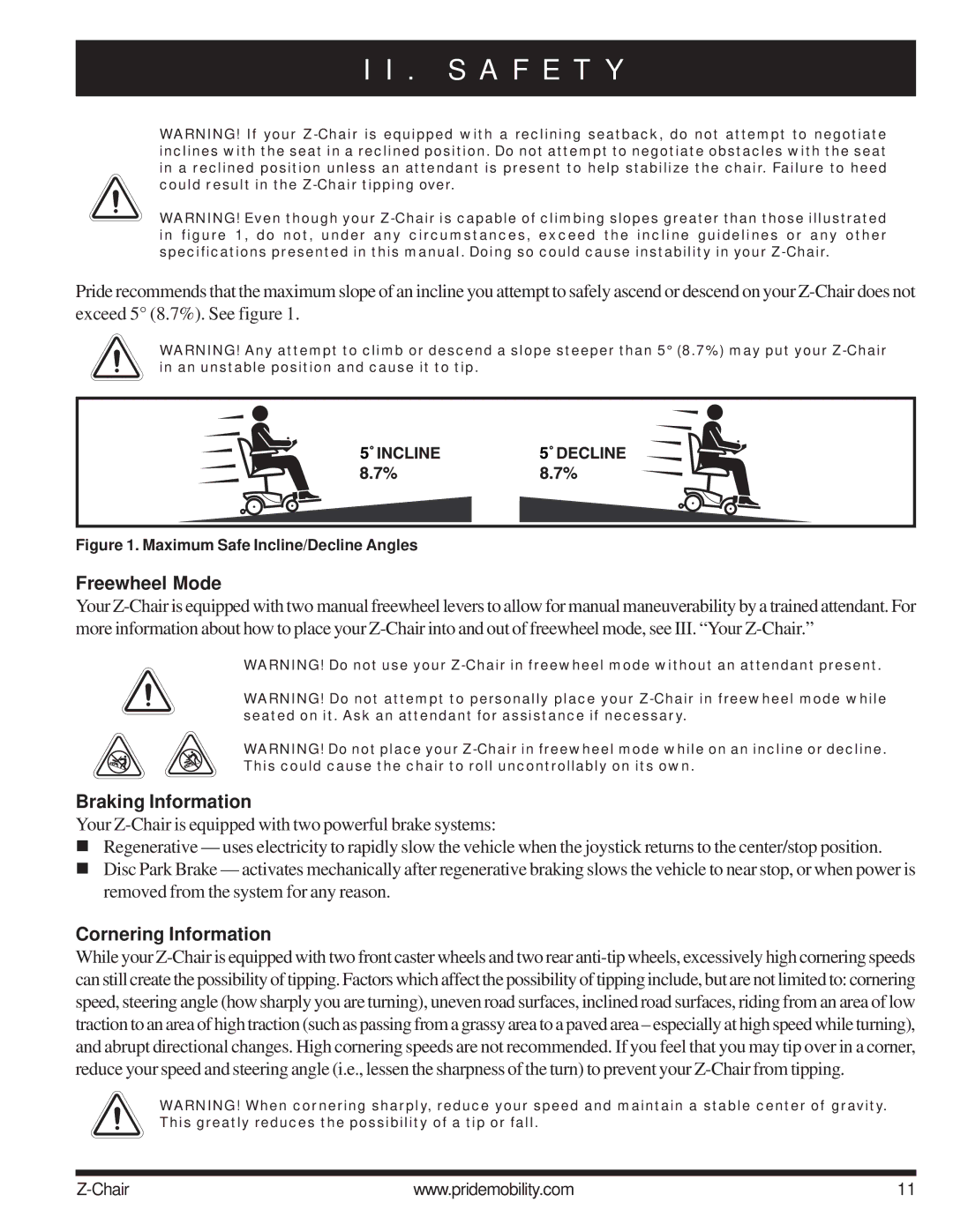 Pride Mobility INFMAN63121 manual Freewheel Mode, Braking Information, Cornering Information 