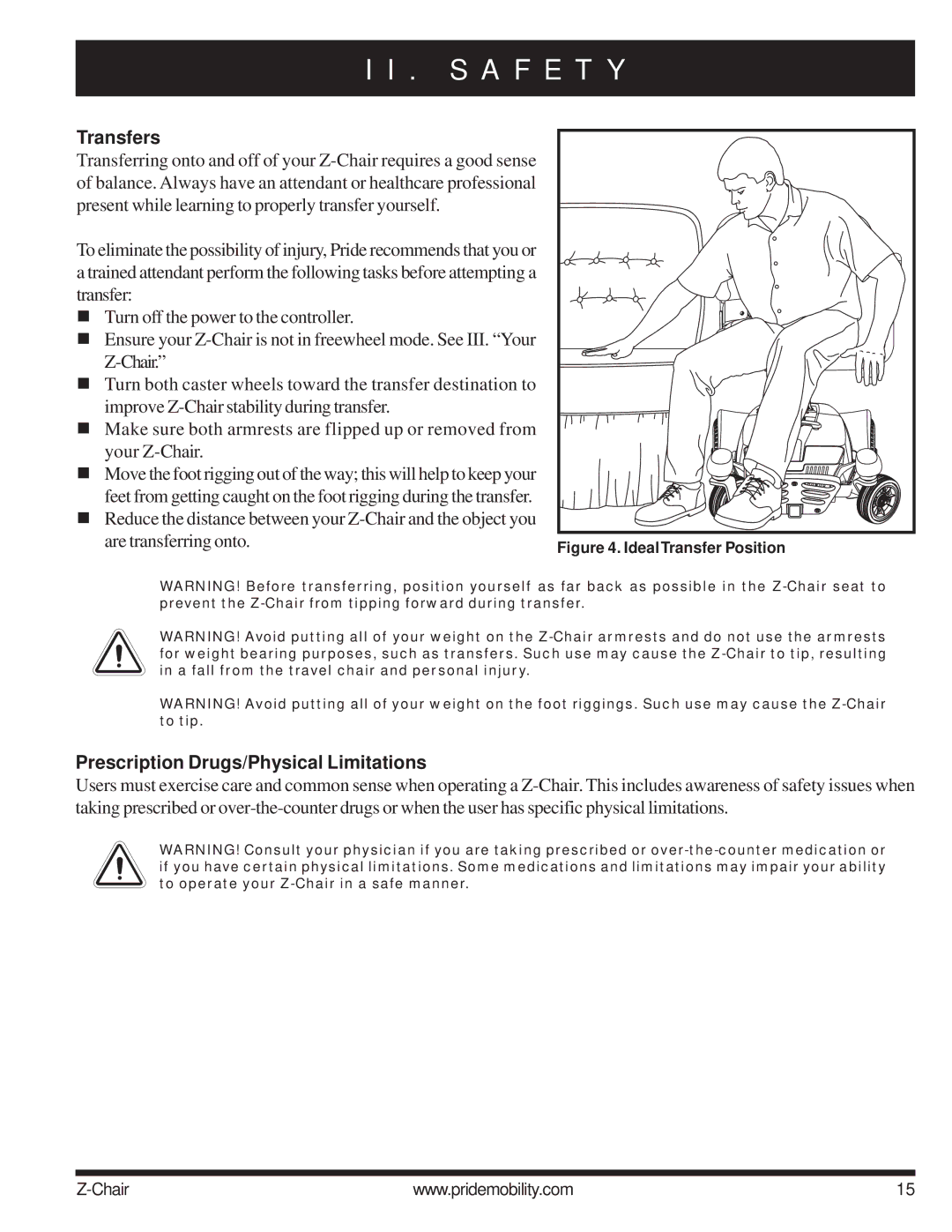 Pride Mobility INFMAN63121 manual Transfers, Prescription Drugs/Physical Limitations 