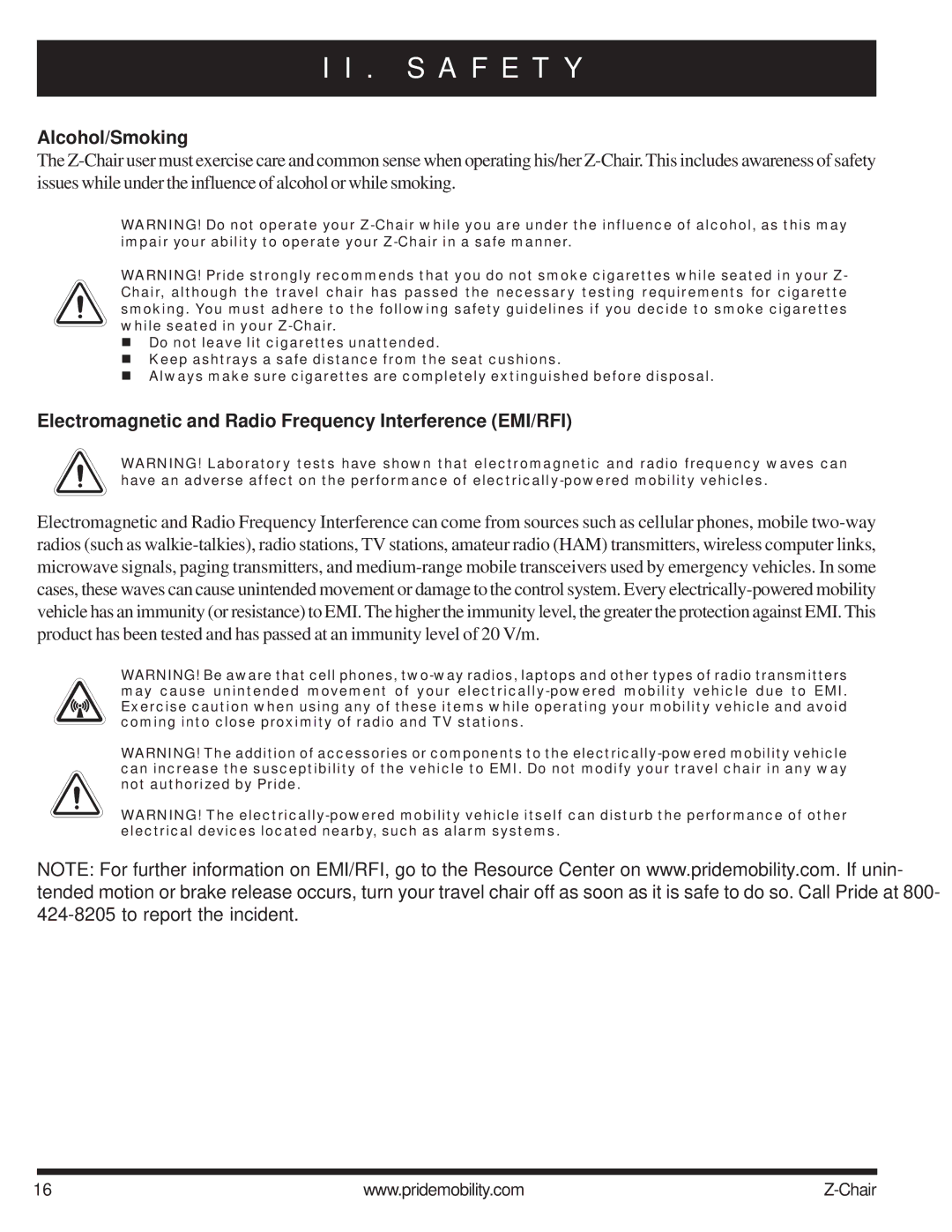 Pride Mobility INFMAN63121 manual Alcohol/Smoking, Electromagnetic and Radio Frequency Interference EMI/RFI 