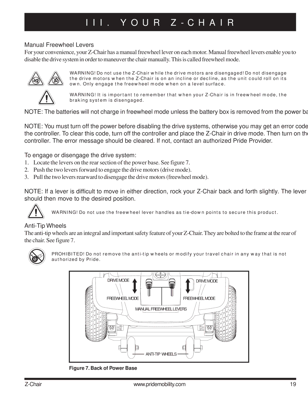 Pride Mobility INFMAN63121 manual Manual Freewheel Levers, To engage or disengage the drive system, Anti-Tip Wheels 
