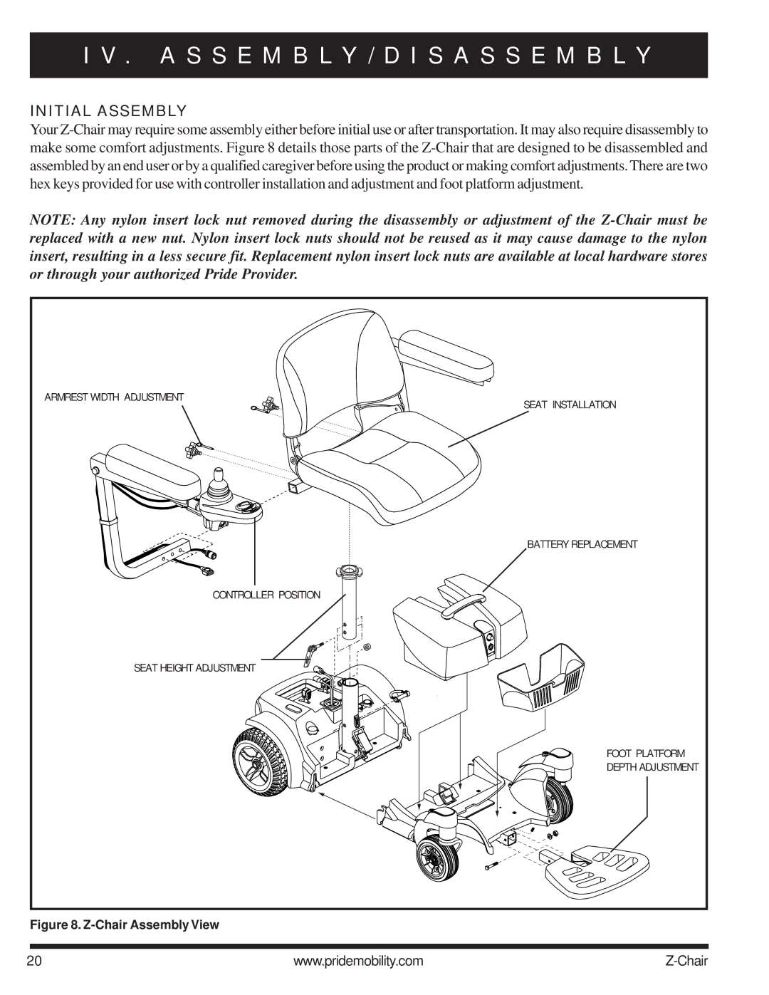 Pride Mobility INFMAN63121 manual A S S E M B L Y / D I S a S S E M B L Y, Initial Assembly 